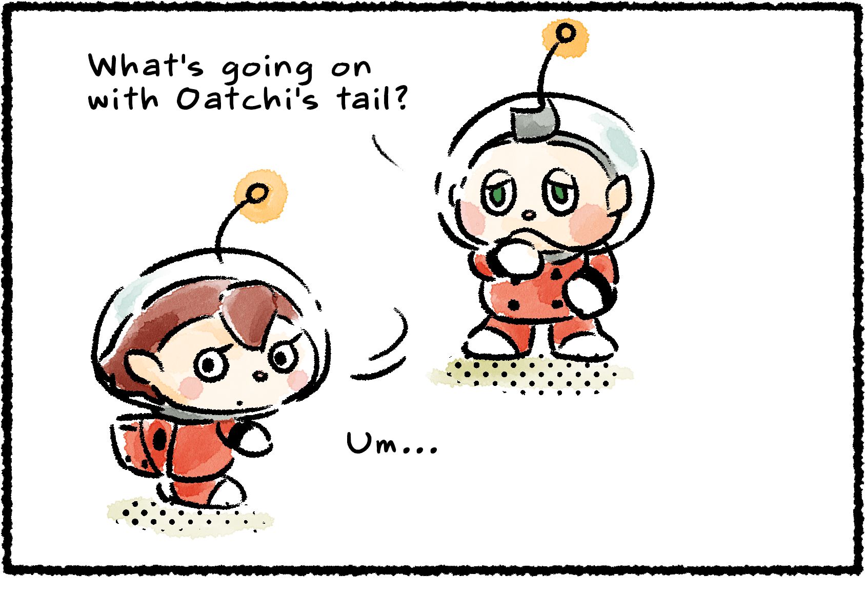 Panel one. Collin and a Rescue Officer are looking off to the side. "What's going on with Oatchi's tail?" Collin asks, with a question mark appearing by his head. The Rescue Officer isn't sure. "Um..."