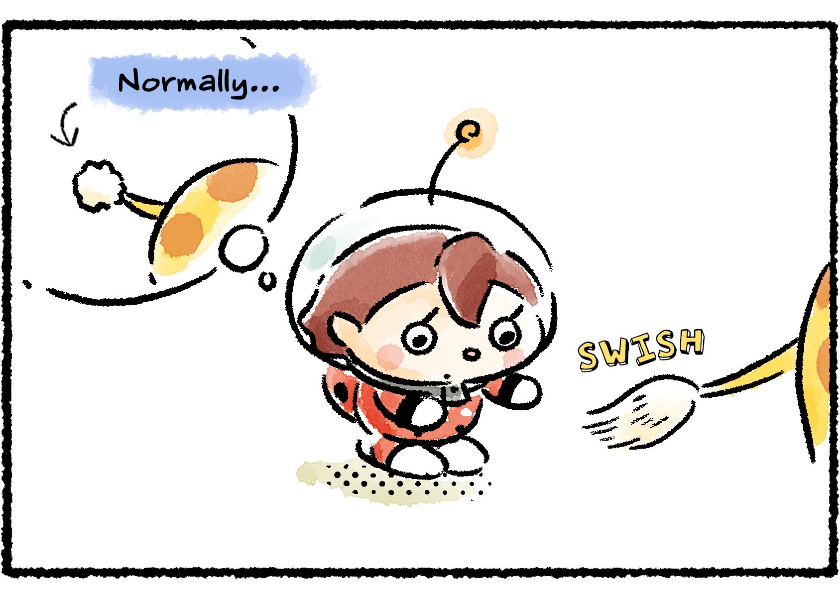 Panel two. The Rescue Officer is looking at Oatchi's tail, which is wagging in from off the side of the panel. The puff on the end of the tail is drawn out straight, rather than round like the Rescue Officer is envisioning. "Normally..."