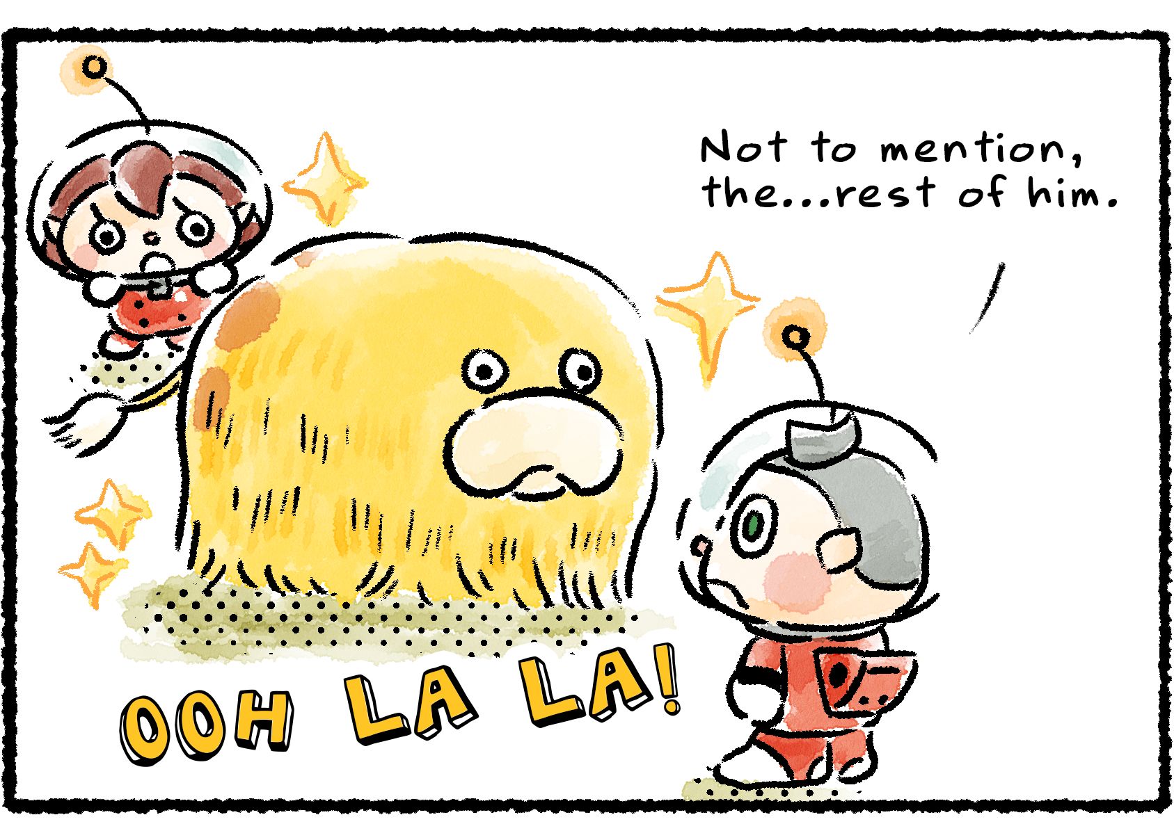 Panel three. The Rescue Officer and Collin stare at Oatchi, whose hair has been combed out so long that hit covers his whole body. "Not to mention, the...rest of him," the Rescue Officer says. Descriptive text reads, "ooh la la!"