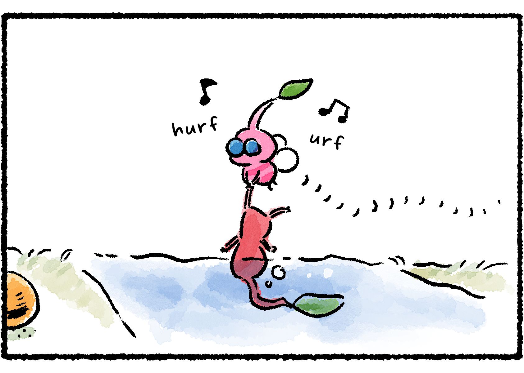 Panel two. The Pink Pikmin hums a tune to itself as it carries the Red Pikmin by its feet and flies across the water. The Red Pikmin's head is submerged. "Glub glub glub..."