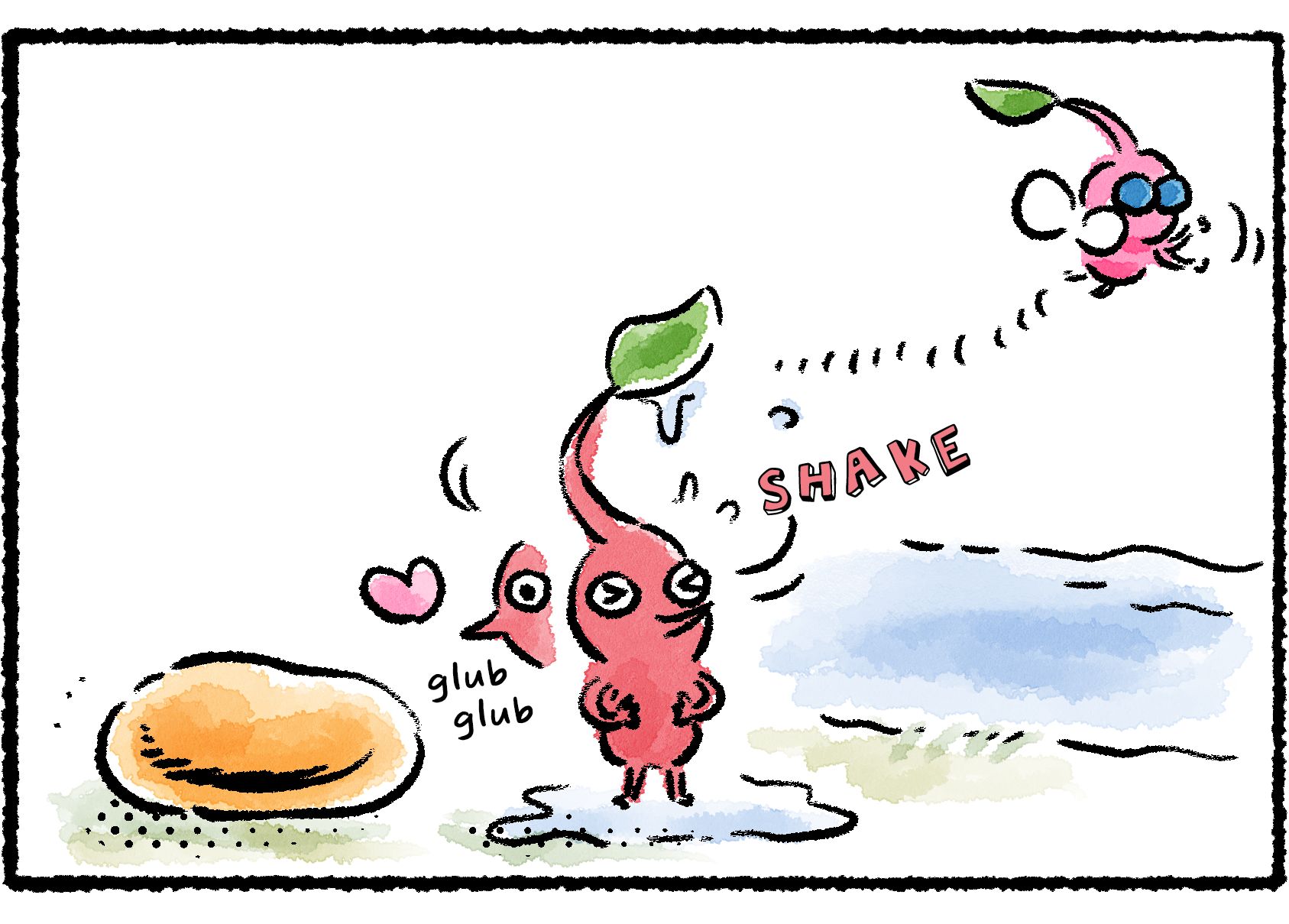 Panel three. Despite nearly drowning, the Red Pikmin makes it to the other side and shakes itself off. A heart appears by its face as it looks to the pool of nectar beside it.