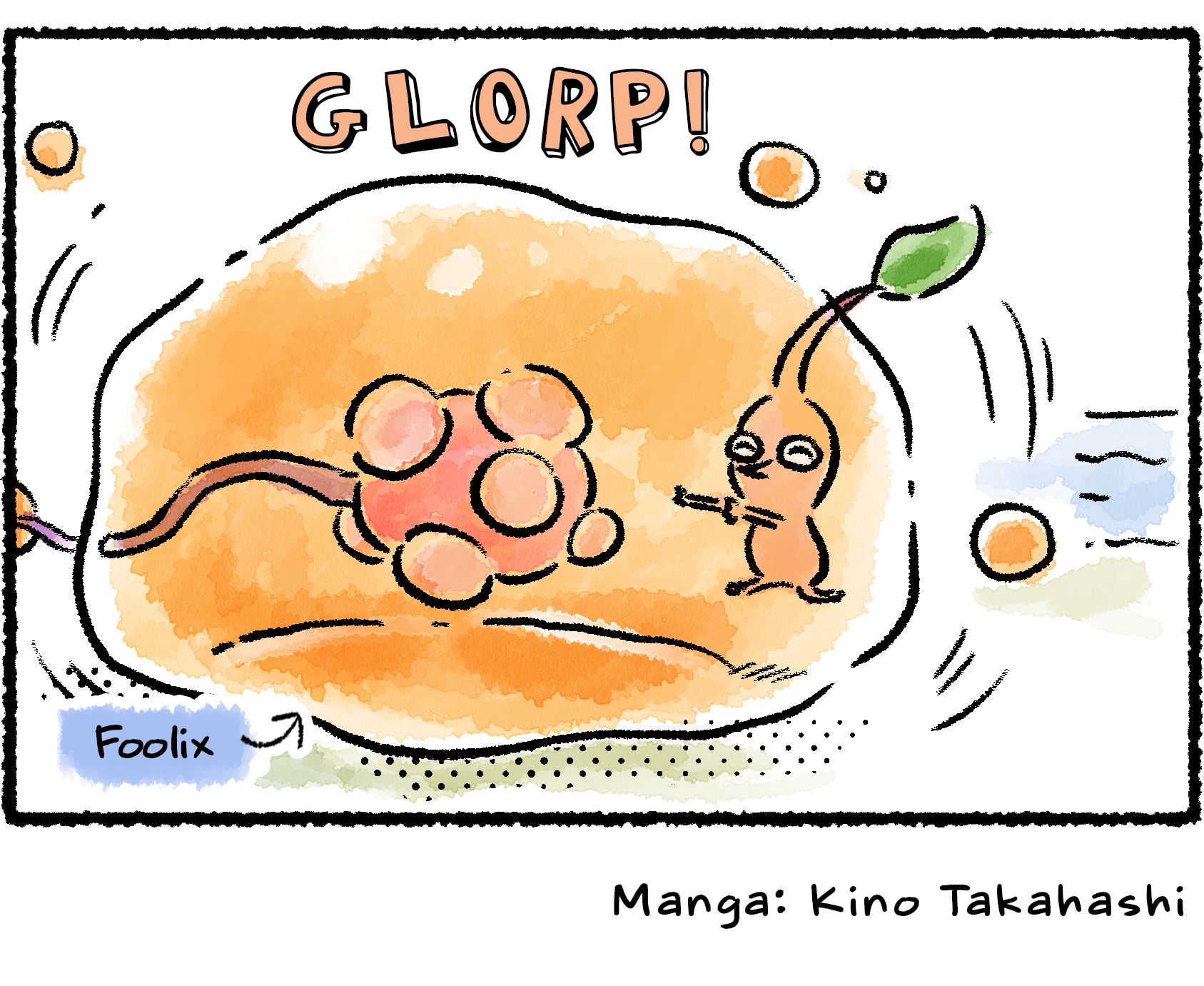 Panel four. Descriptive text reveals what the pool of nectar actually is: a Foolix. The Foolix has shown its true form and engulfed the unfortunate Red Pikmin.