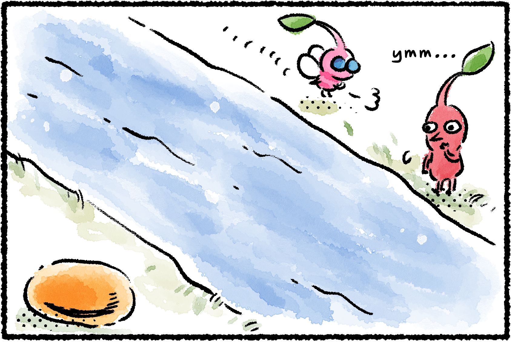 Panel one. A Red Pikmin stands by the edge of a river, looking at a pool of nectar sitting on the other side. A Pink Pikmin flies over to help the Red Pikmin cross.