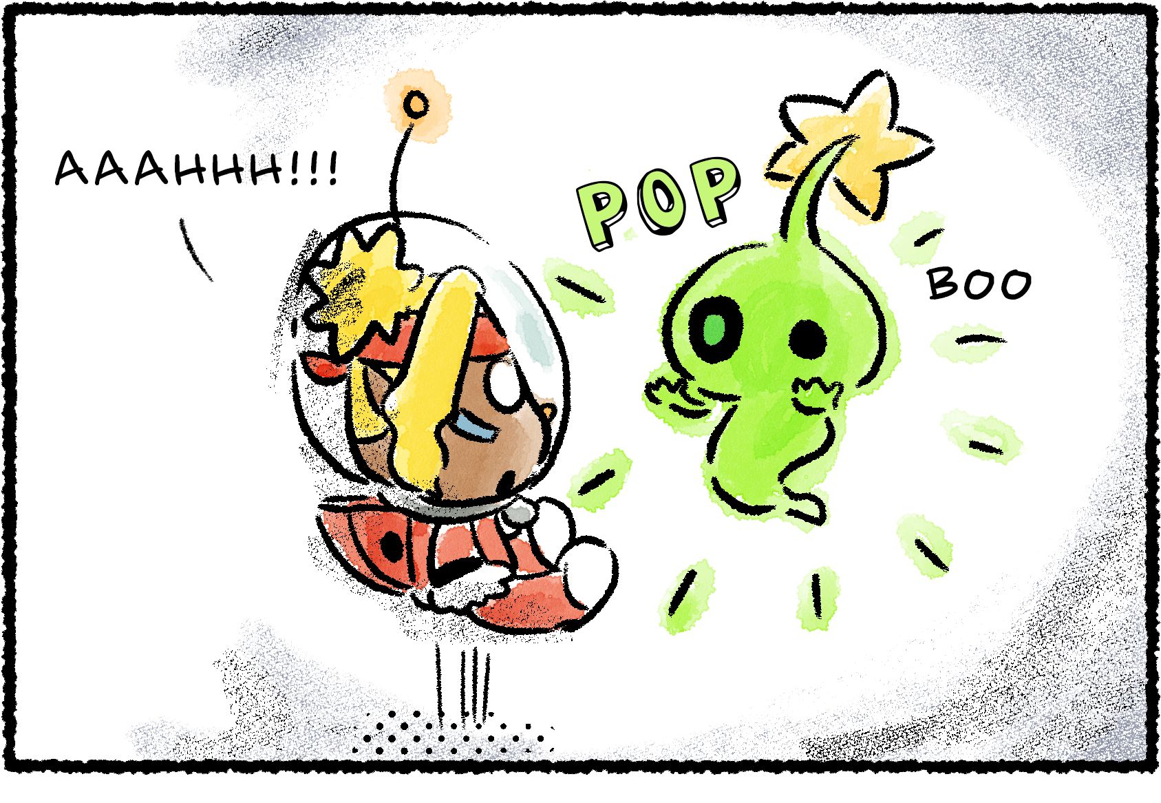 Panel one. Shepherd finds herself face to face with a Glow Pikmin. Descriptive text reads, "BOO"! Shepherd screams in fright.