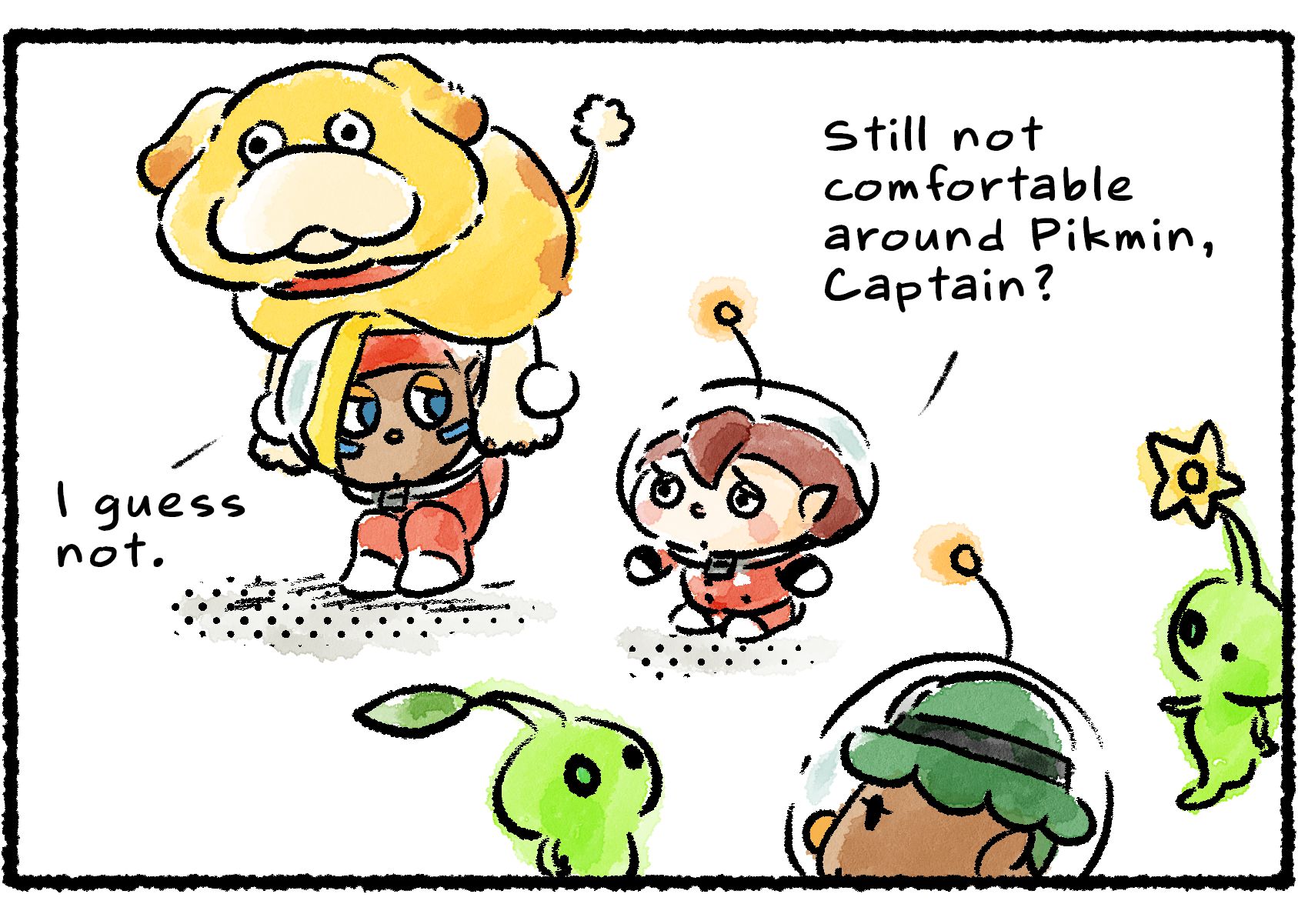 Panel two. Shepherd is now hiding underneath Oatchi as Yonny stands nearby with a few Glow Pikmin. "Still not comfortable around Pikmin, Captain?" a Rescue Officer says. "I guess not," Shepherd replies.