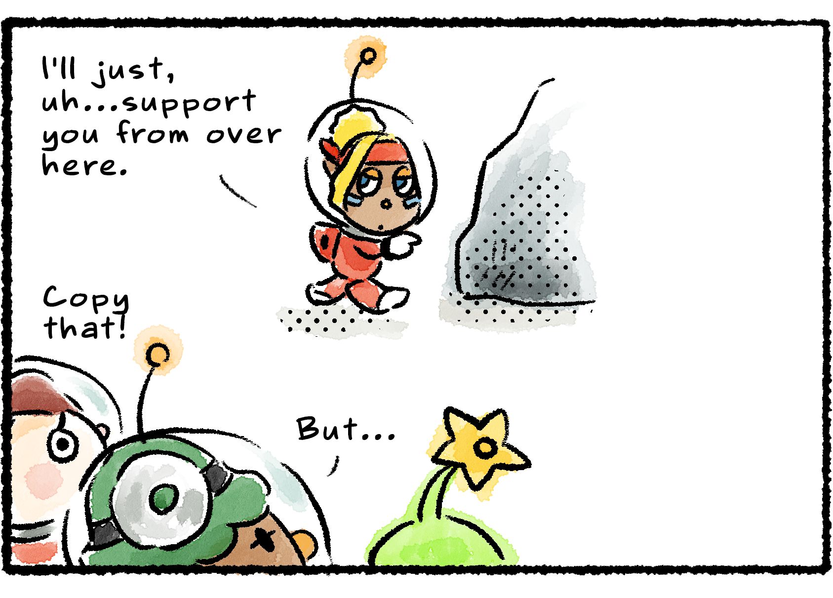 Panel three. Yonny and the Rescue Officer watch Shepherd walk over to what looks like a big rock. "I'll just, uh...support you from over here," Shepherd says. The Rescue Officer says "Copy that!" Yonny says "But..."