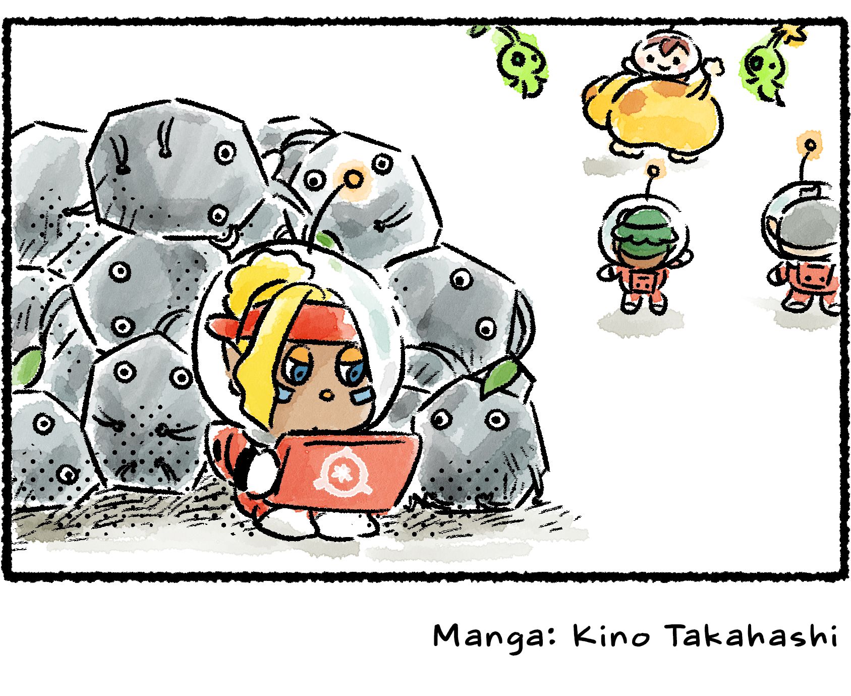 Panel four. As the Rescue Officer, Yonny, and the Glow Pikmin go about their business in the background, Shepherd crouches behind the big rock. She hasn't realized that she's actually sitting behind a group of Rock Pikmin packed tightly together.