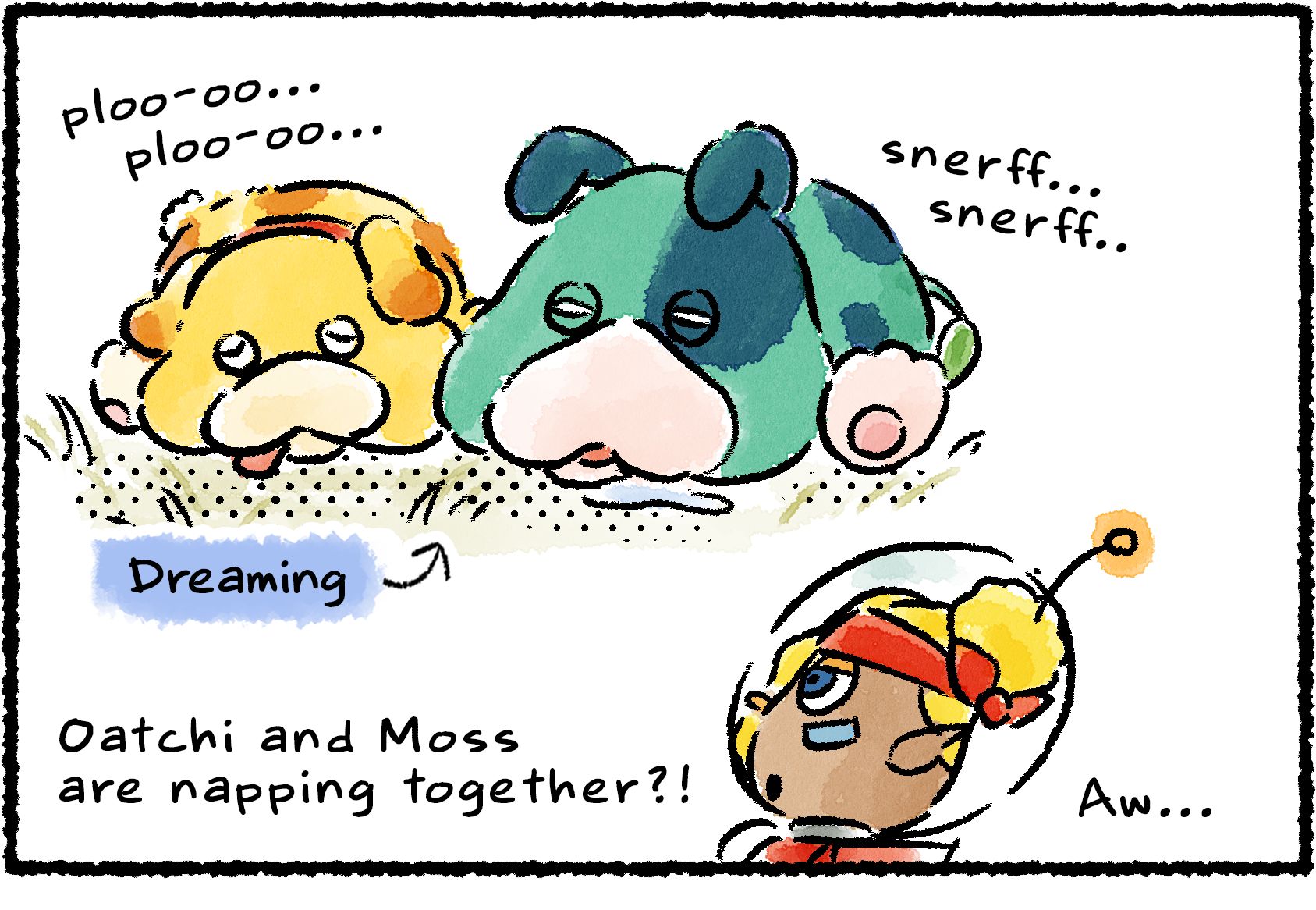 Panel one. Shepherd discovers Oatchi and Moss are asleep next to each other, making snoozing sounds as they dream. "Oatchi and Moss are napping together?!" Shepherd says. "Aw..." 