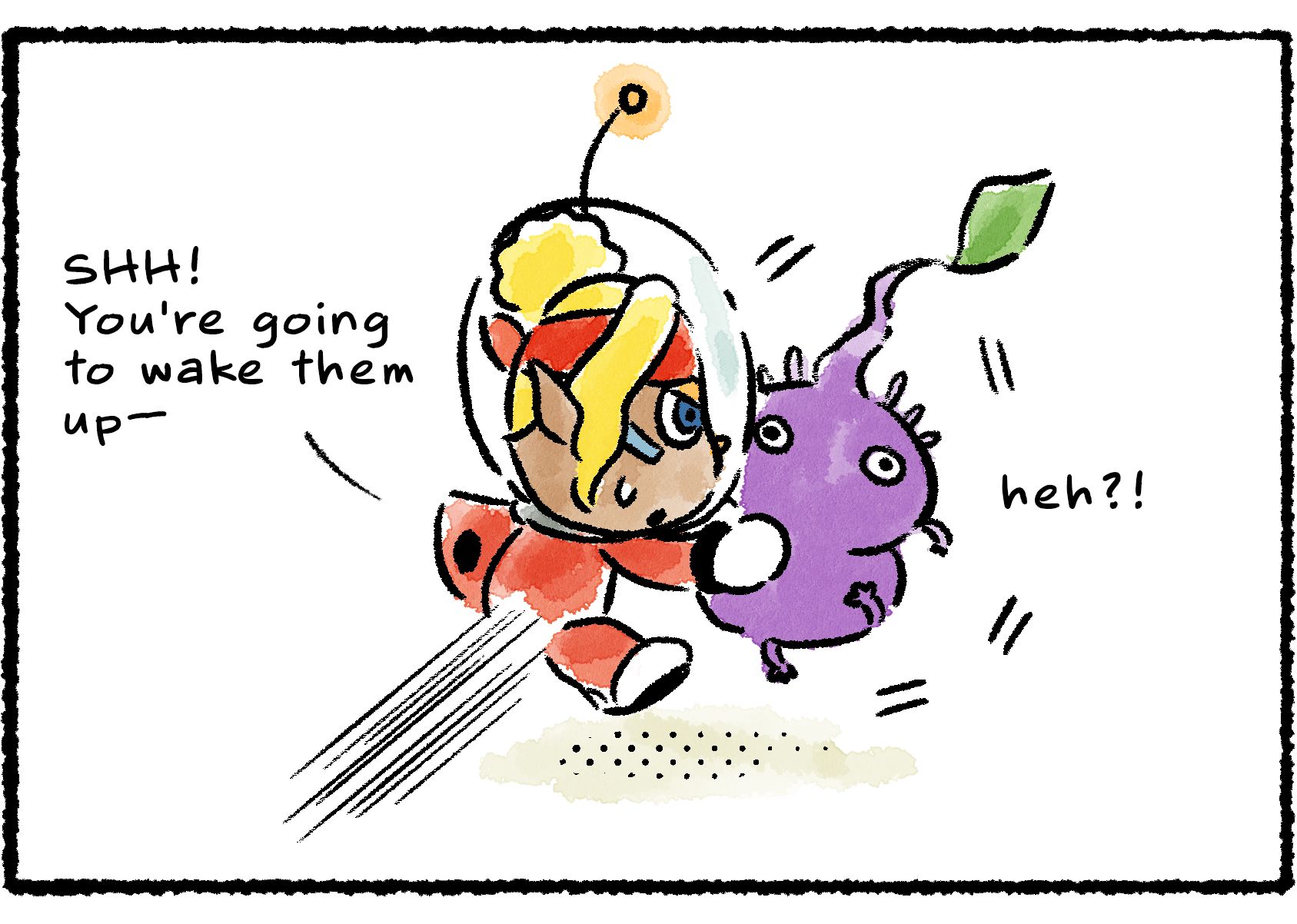 Panel three. With an annoyed "Heh?!" Shepherd turns and slaps her hand over the  mouth of the noisy creature. "SHH! You're going to wake them up—" she starts, before realizing that the creature she's touching is a Purple Pikmin.