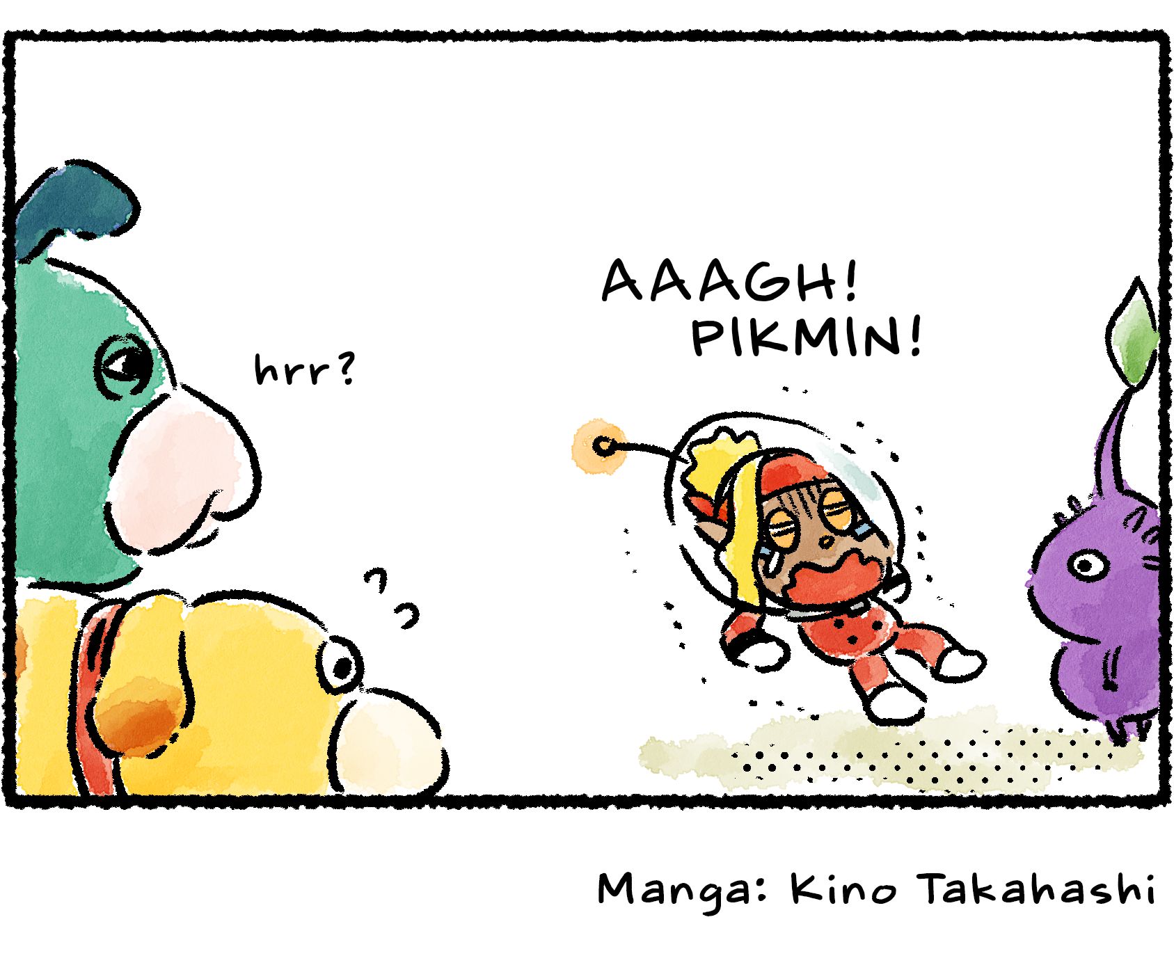 Panel four. "AAGH!" Shepherd cries out. "PIKMIN!" Of course, it's not the Purple Pikmin that wakes Moss and Oatchi—it's Shepherd's terrified shouting.