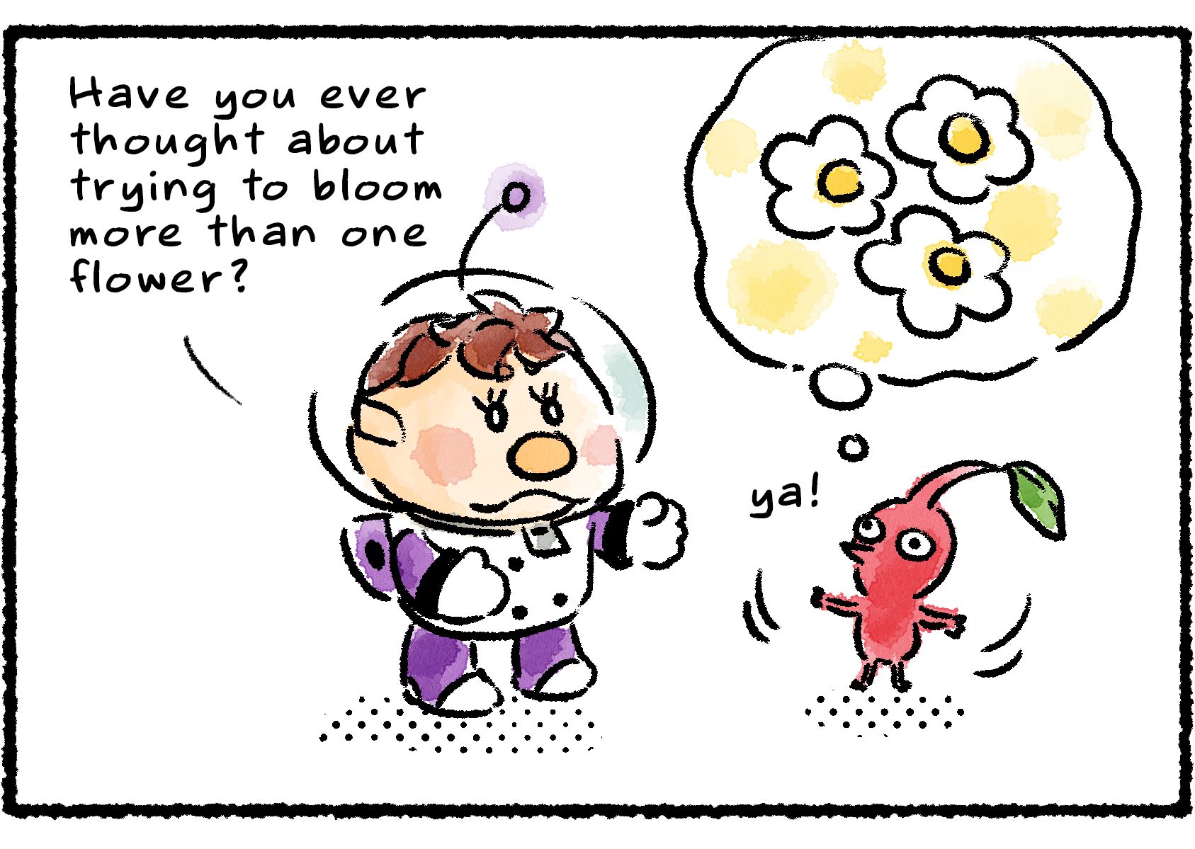 Panel two. Kingsly asks the Red Pikmin, "Have you ever thought about trying to bloom more than one flower?" A bunch of flowers appear in a thought bubble over the Red Pikmin, and it seems excited by the idea.