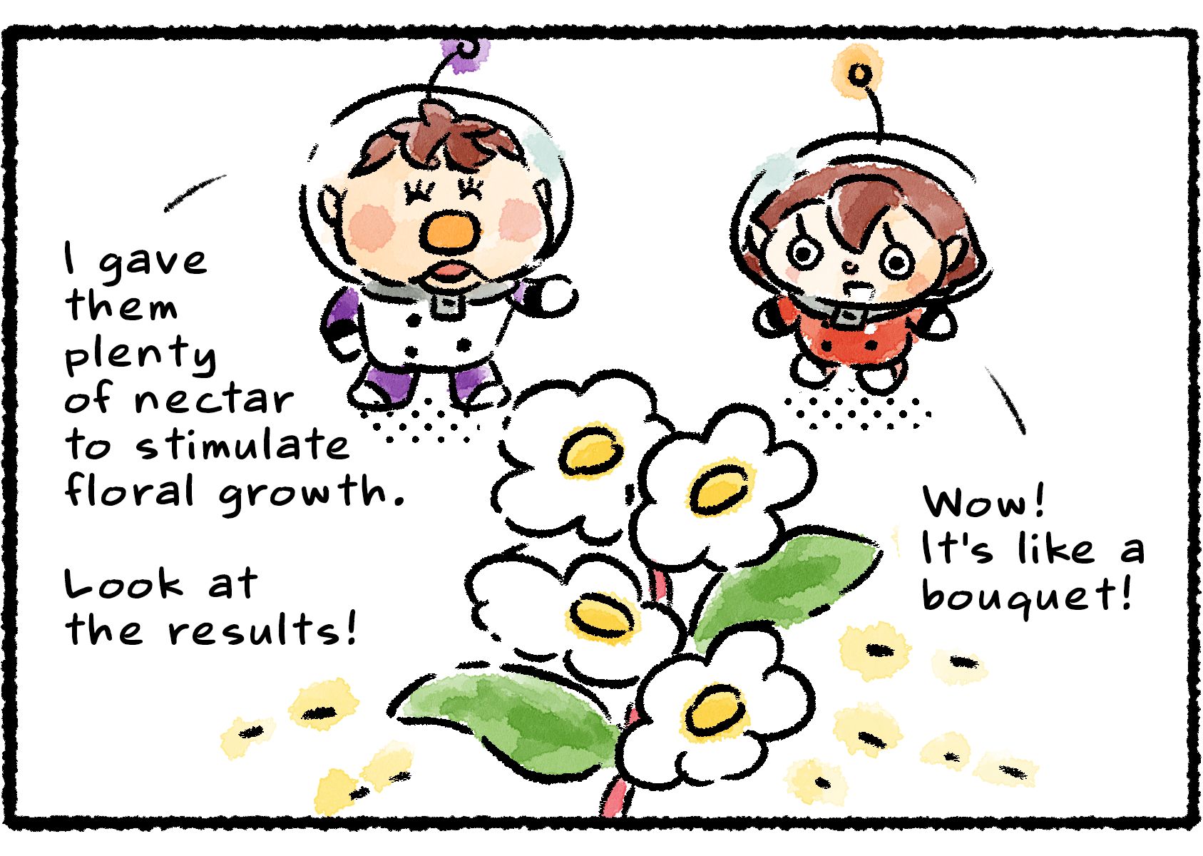 Panel three. Kingsly and the Rescue Officer marvel at what looks like a bouquet of flowers. "Wow!" the Rescue Officer says. "It's like a bouquet!" Kingsly replies, "I gave them plenty of nectar to stimulate floral growth. Look at the results!"
