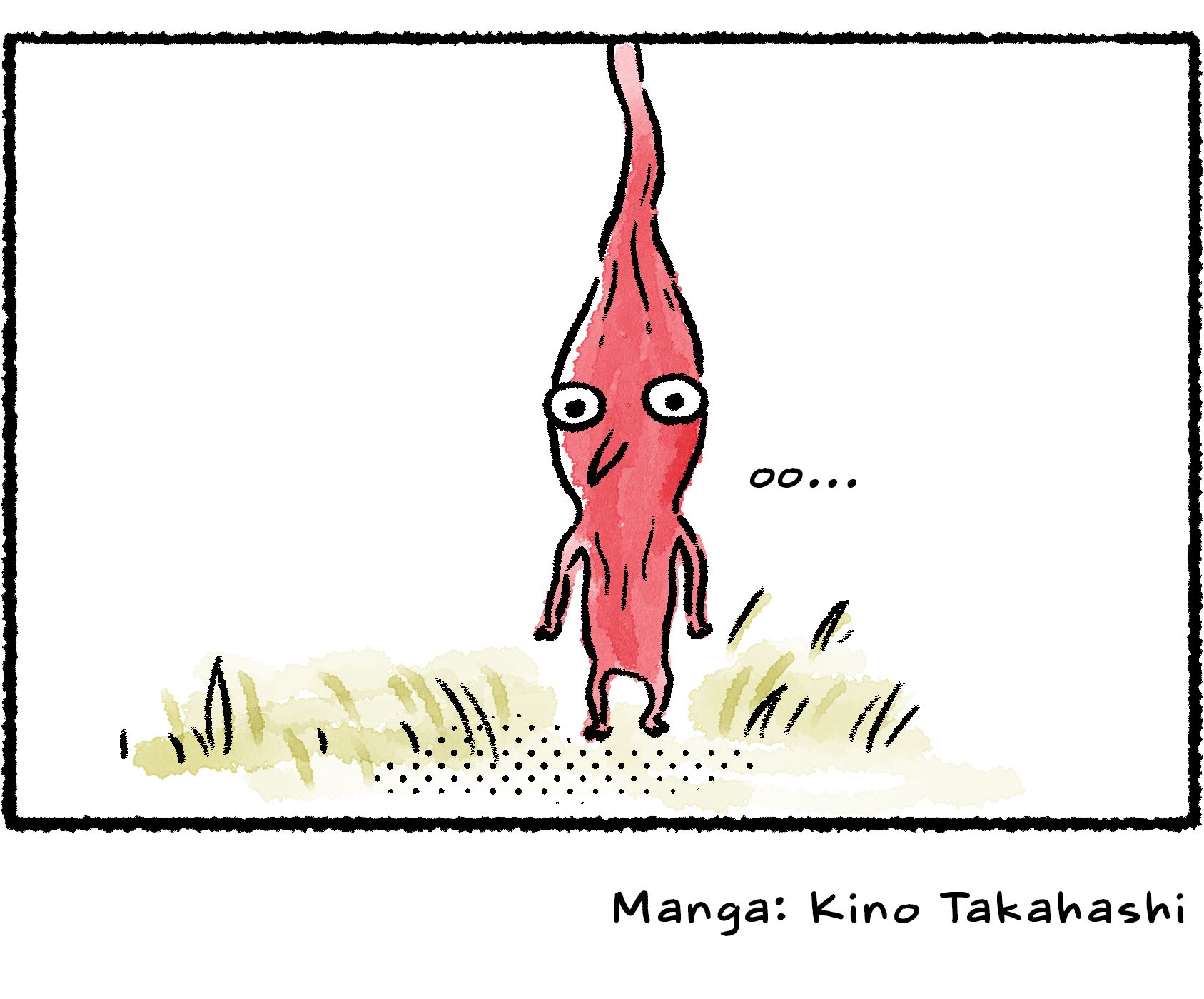 Panel four. The Red Pikmin is shown close up, looking a little bemused: "oo..." Its head is elongated, stretching all the way up to the previous panel, where its flowers form the bouquet.