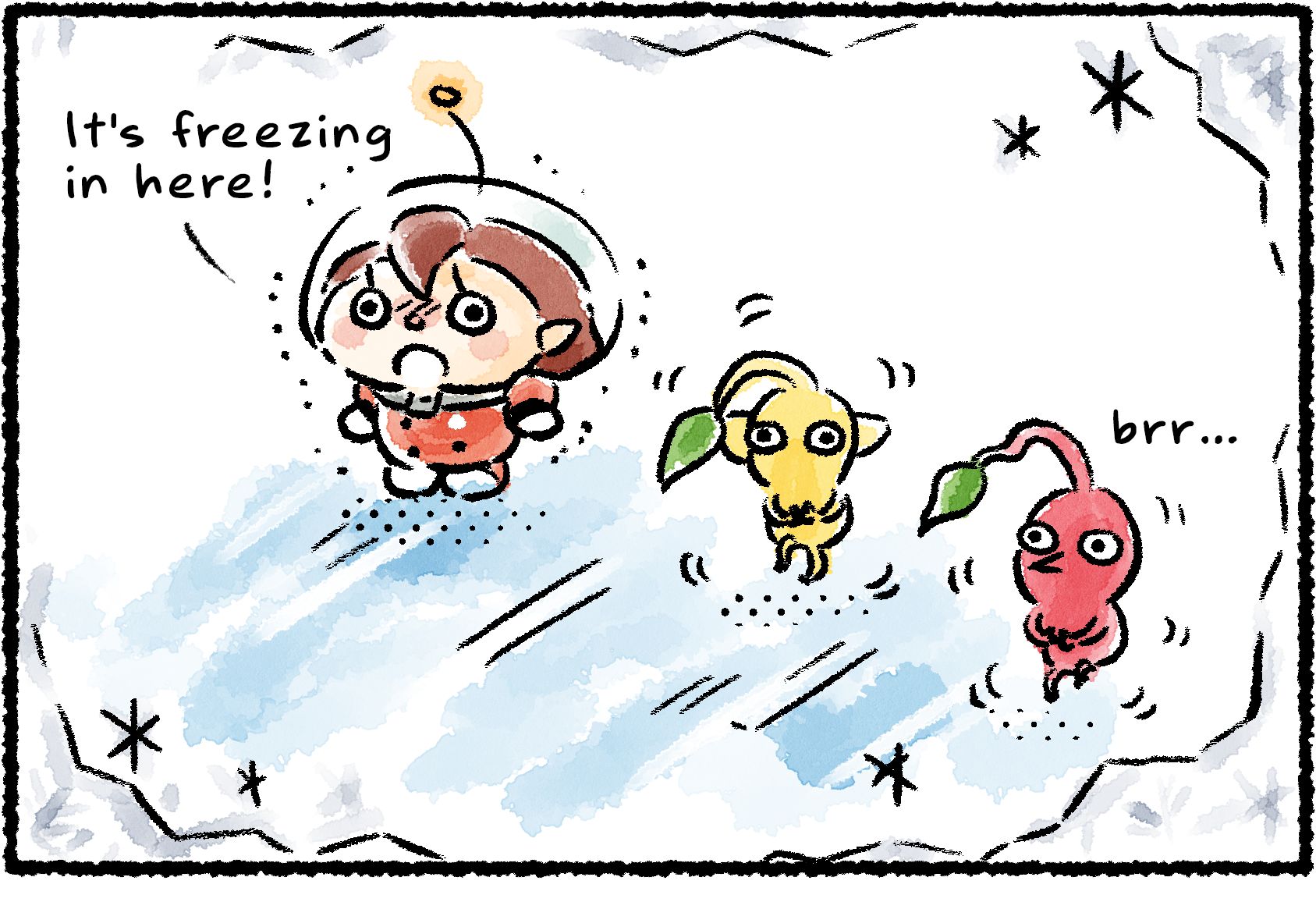 Panel one. A Rescue Officer stands with a few shivering Pikmin on a sheet of ice. "Brr... It's freezing in here!"