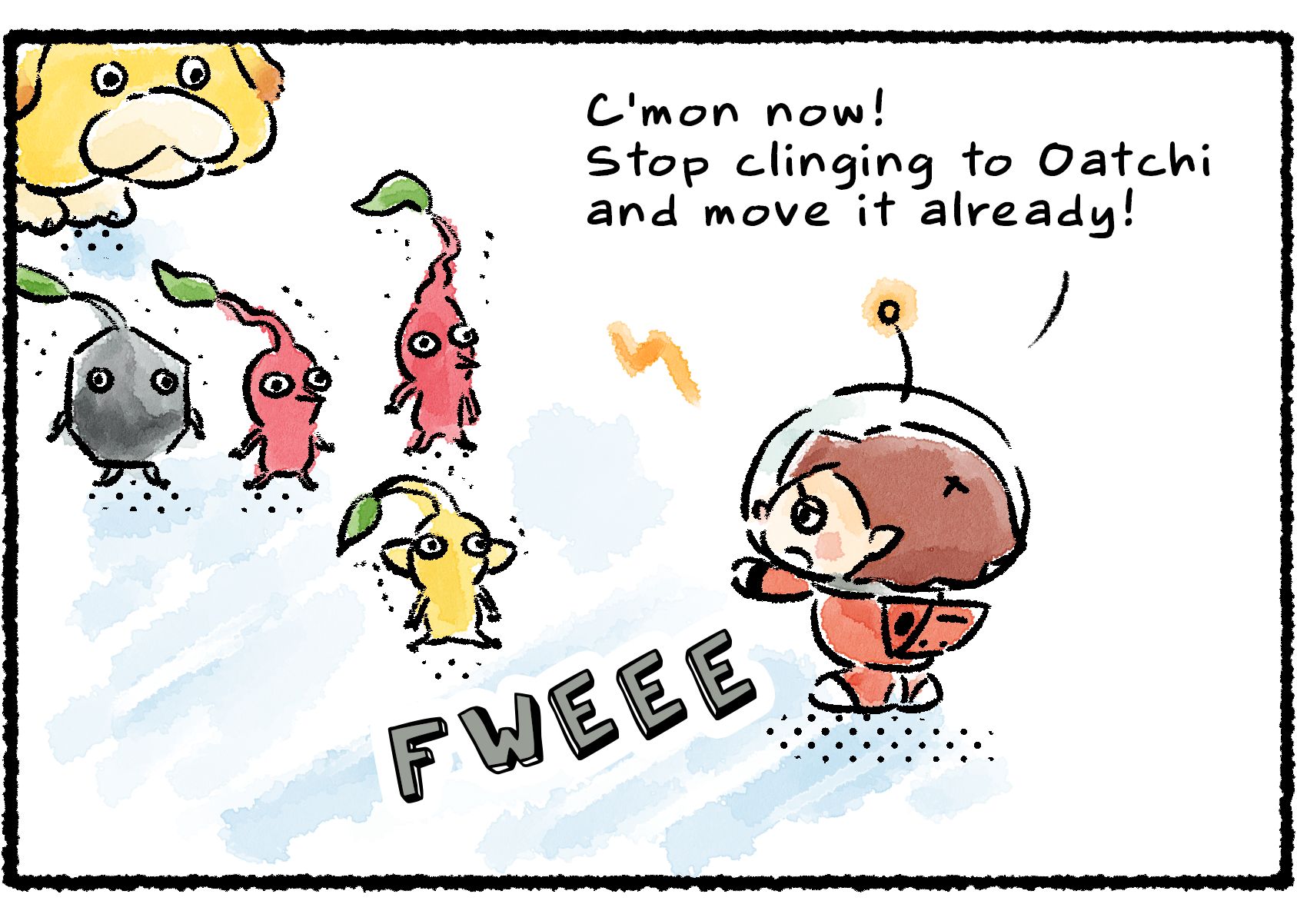 Panel two. The Rescue Officer turns to admonish some other Pikmin: "C'mon now! Stop clinging to Oatchi and move it already!" The Pikmin reluctantly leave Oatchi and come along.