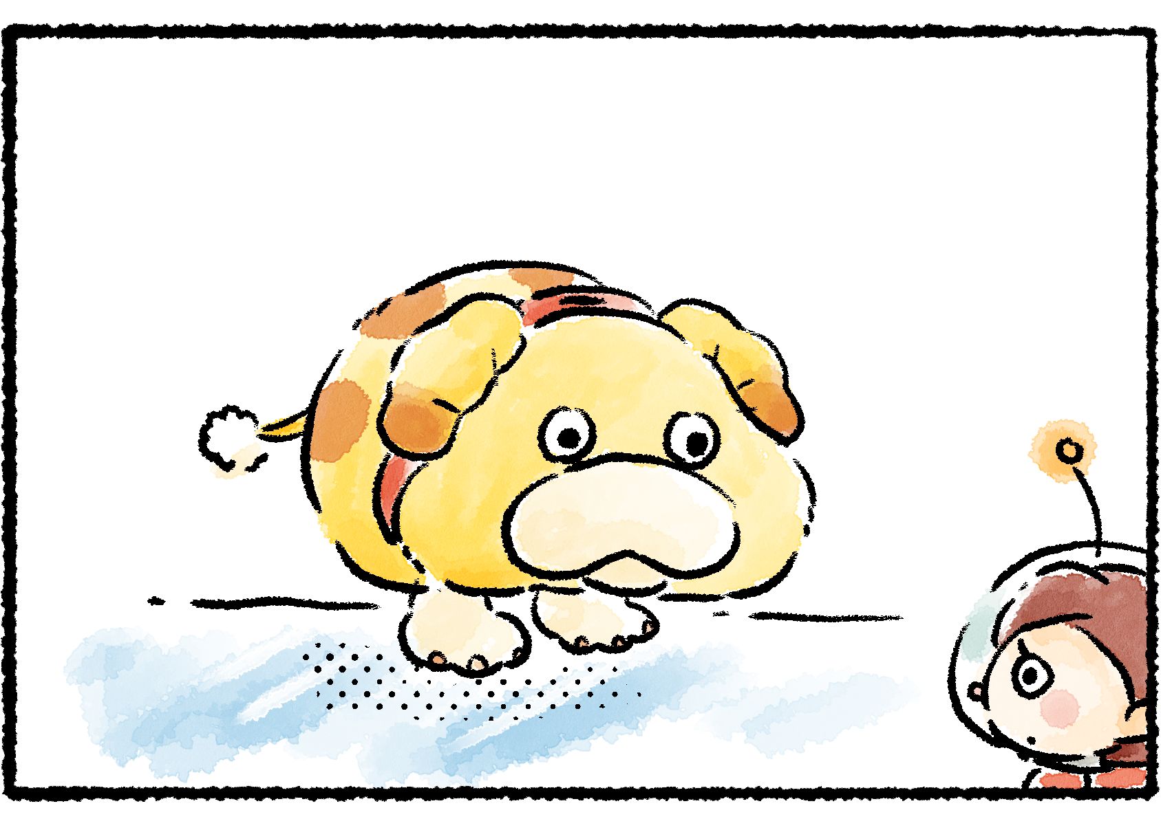 Panel three. The Rescue Officer takes a closer look at Oatchi, whose ears are suspiciously lumpy.