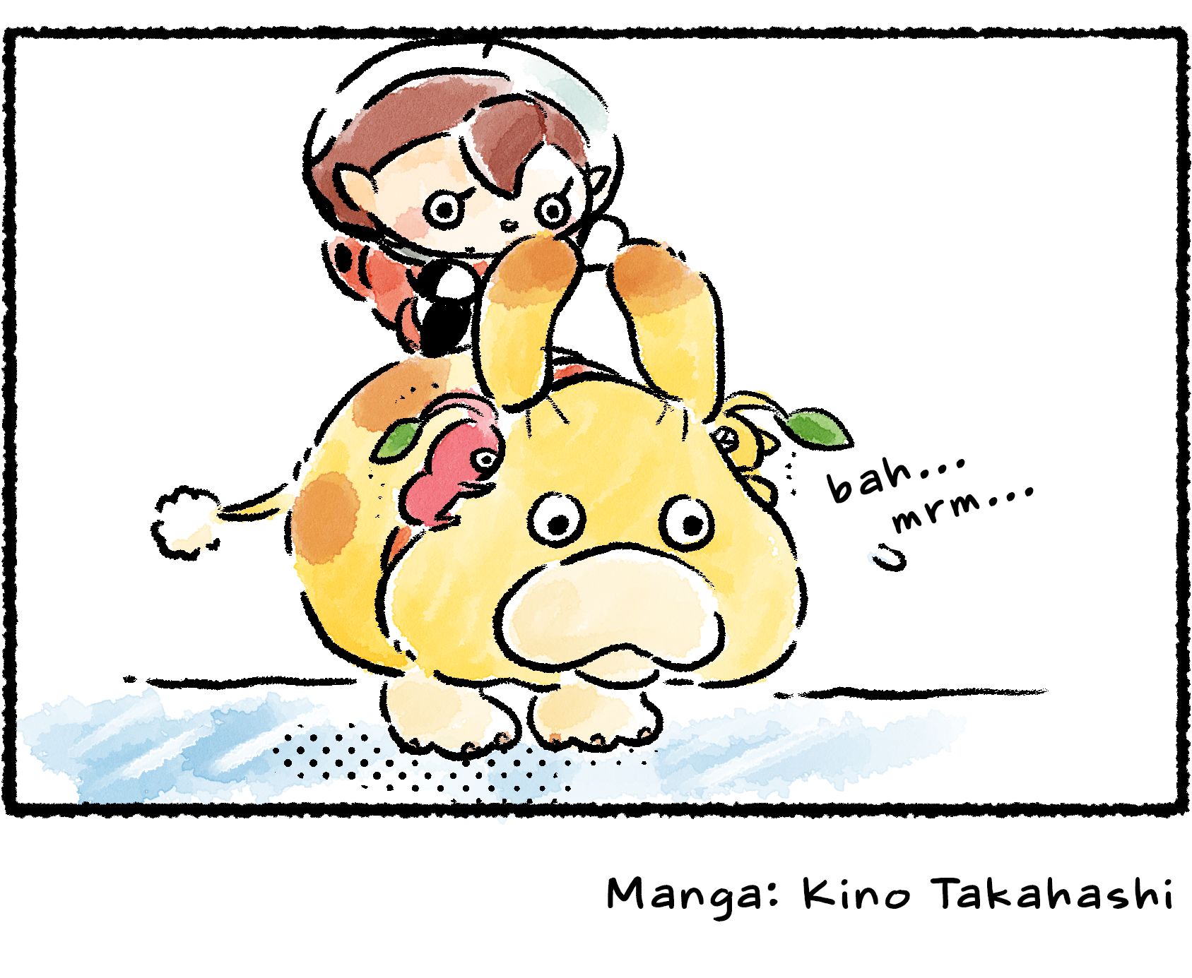 Panel four. The Rescue Officer lifts up Oatchi's ears, revealing a Pikmin nestled for warmth under each one.