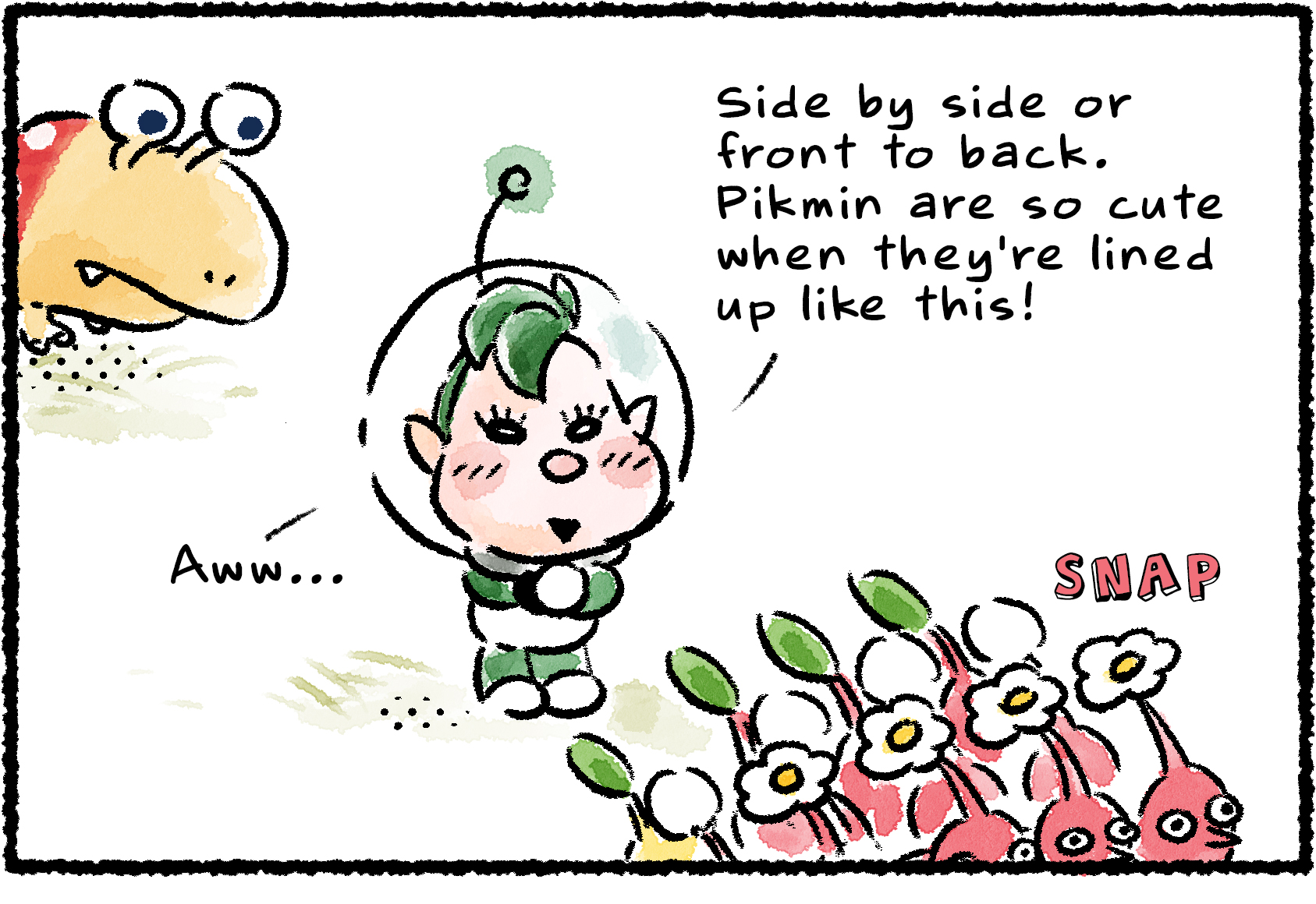 Panel one. Dalmo is admiring a group of Red Pikmin all lined up. "Side by side or front to back," he says. "Pikmin are so cute when they're lined up like this!"
