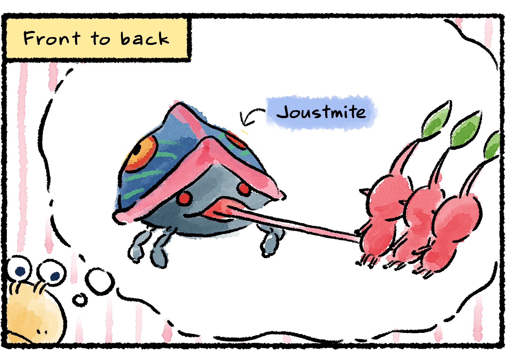 Panel two. A Bulborb envisions the same group of Pikmin, lined up "front to back," being skewered by a Joustmite.