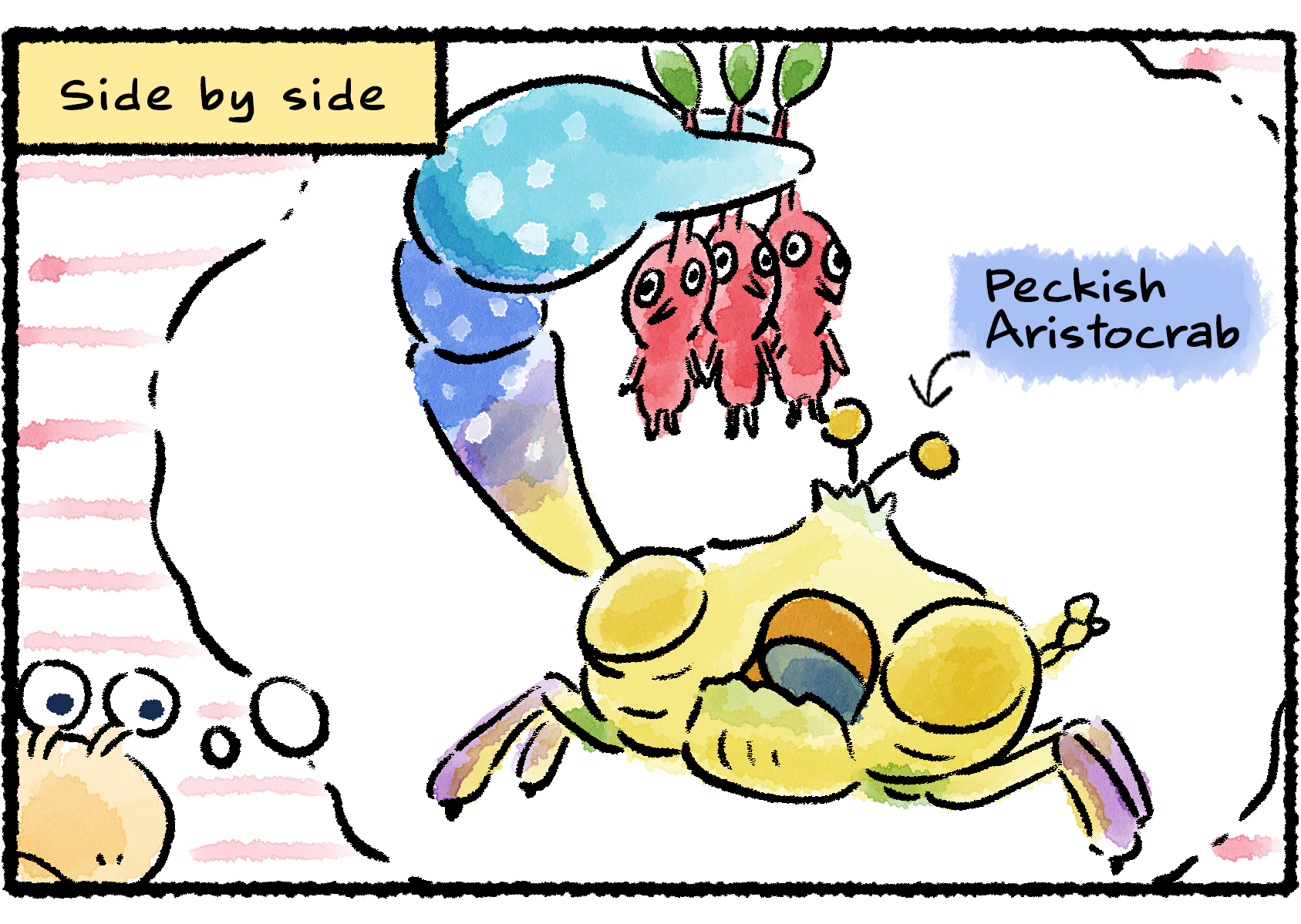 Panel three. The Bulborb now imagines the same group of Pikmin, lined up "side by side," being scooped up by the claw of a Peckish Aristocrab.