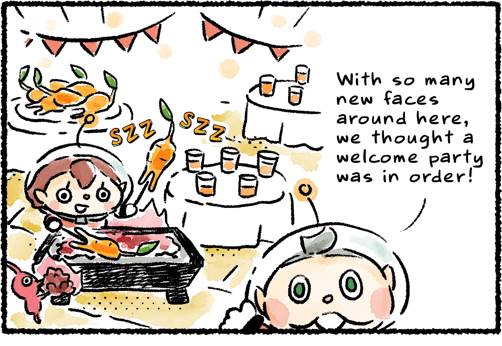 Panel one. Collin and a Rescue Officer have set up a party. There are tables with cups of juice, and the Rescue Officer is grilling Pikpik carrots. "With so many new faces around here," Collin says, "we thought a welcome party was in order!"