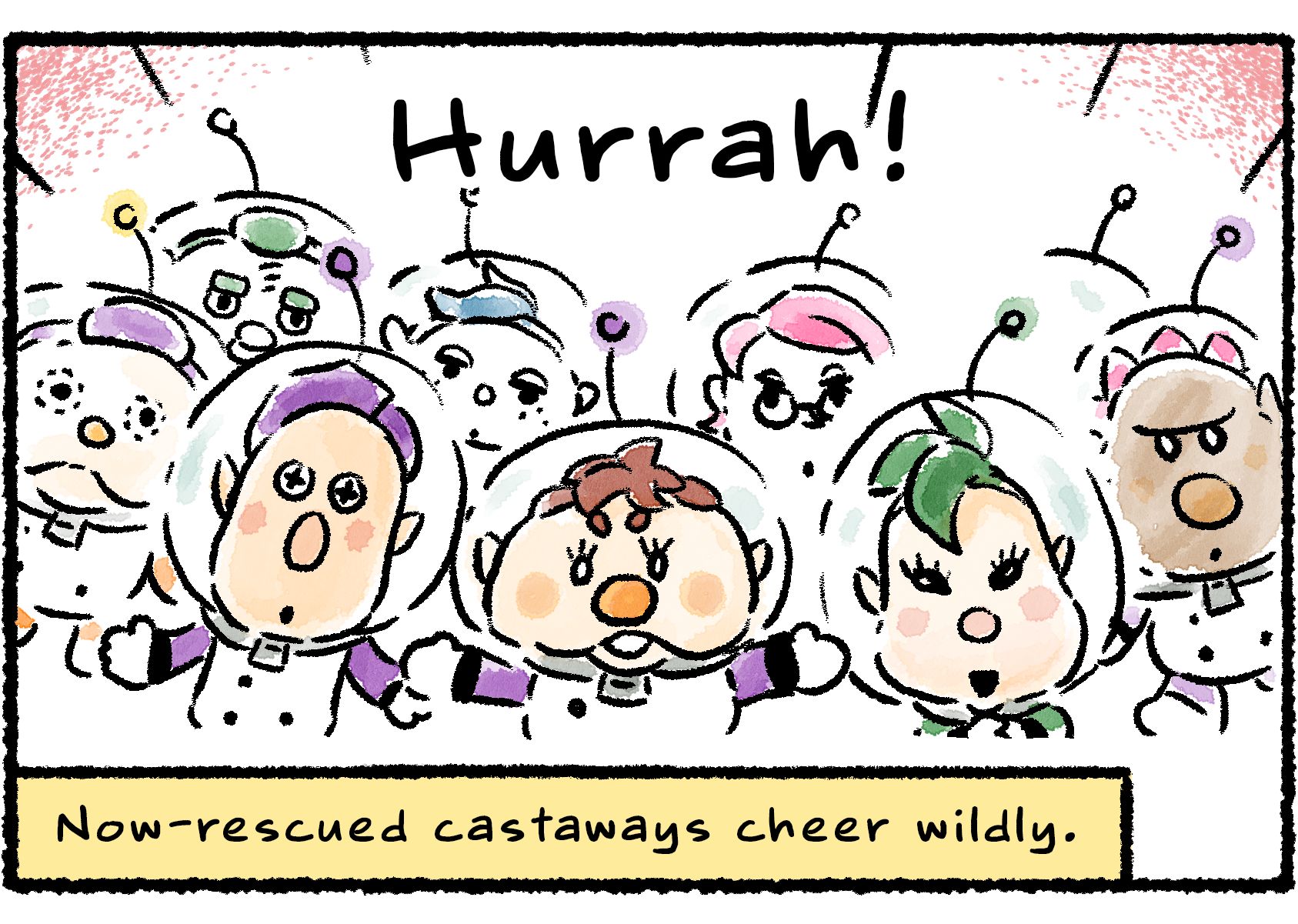 Panel two. A group of now-rescued castaways cheers wildly: "Hurrah!"