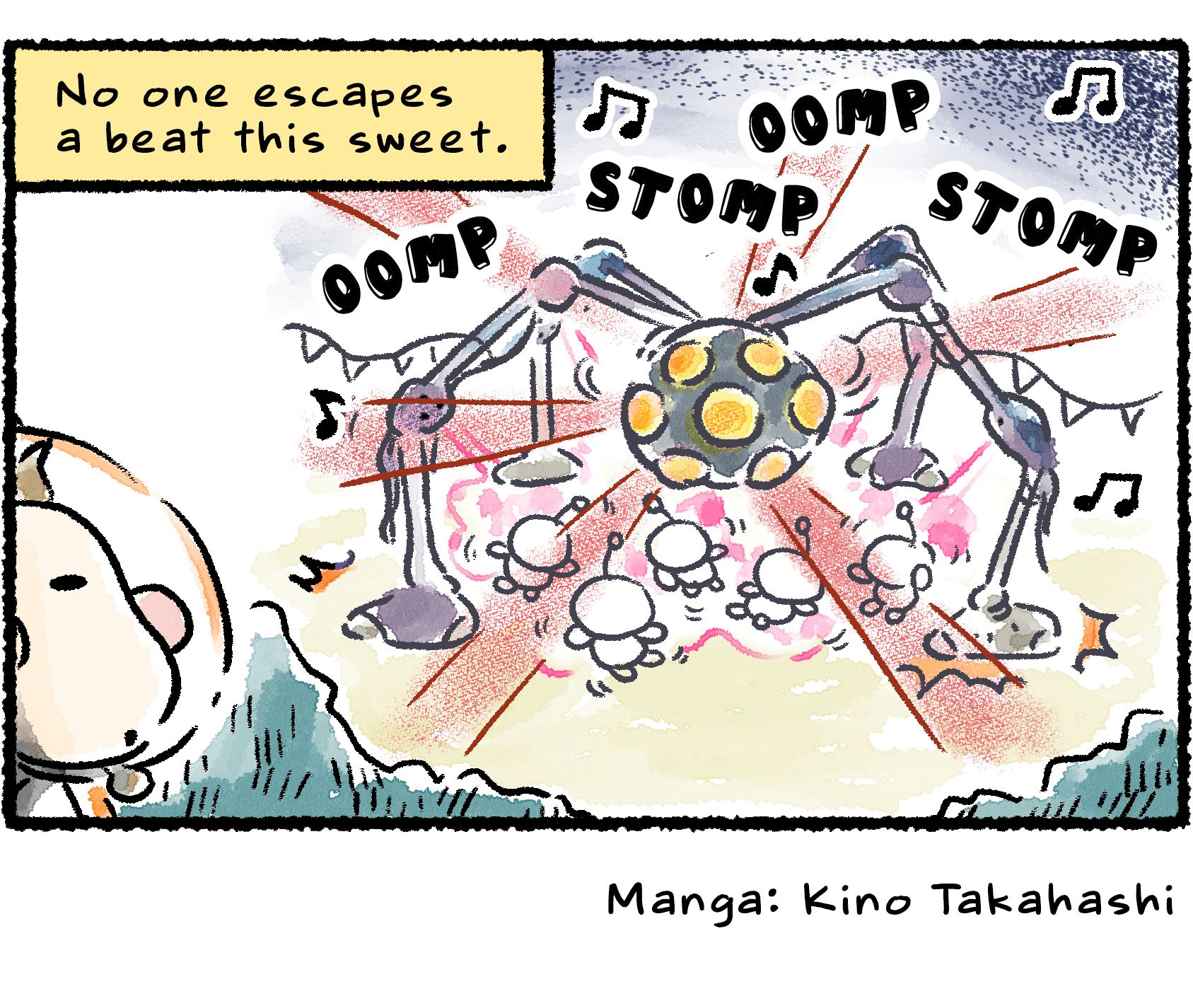 Panel four. Castaways gather around the Groovy Long Legs, which shines colored lights all around and stomps its feet rhythmically: "oomp stomp oomp stomp". Descriptive text reads, "No one escapes a beat this sweet."