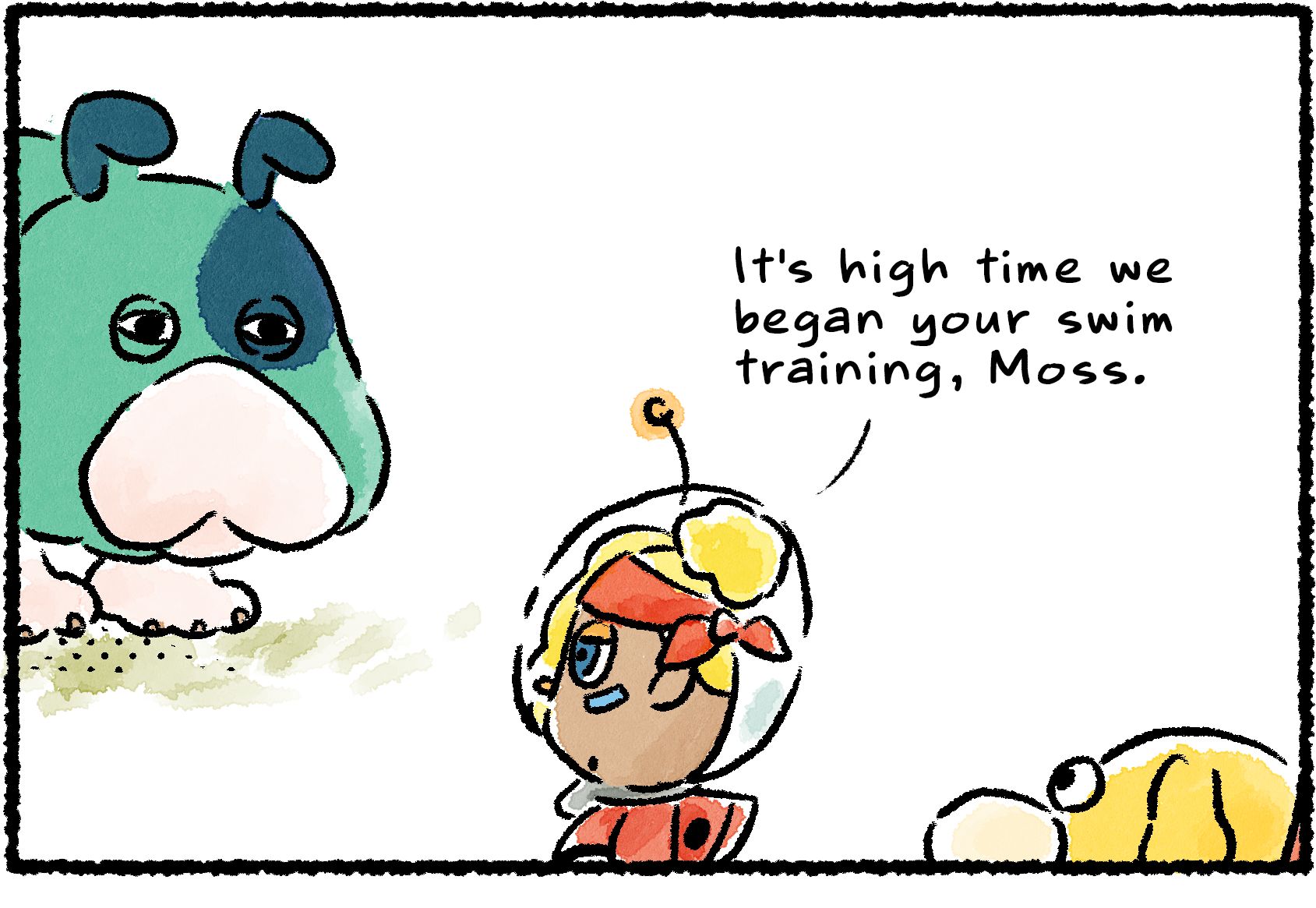 Panel one. Shepherd calls Moss over to where she and Oatchi are standing: "It's high time we began your swim training, Moss."