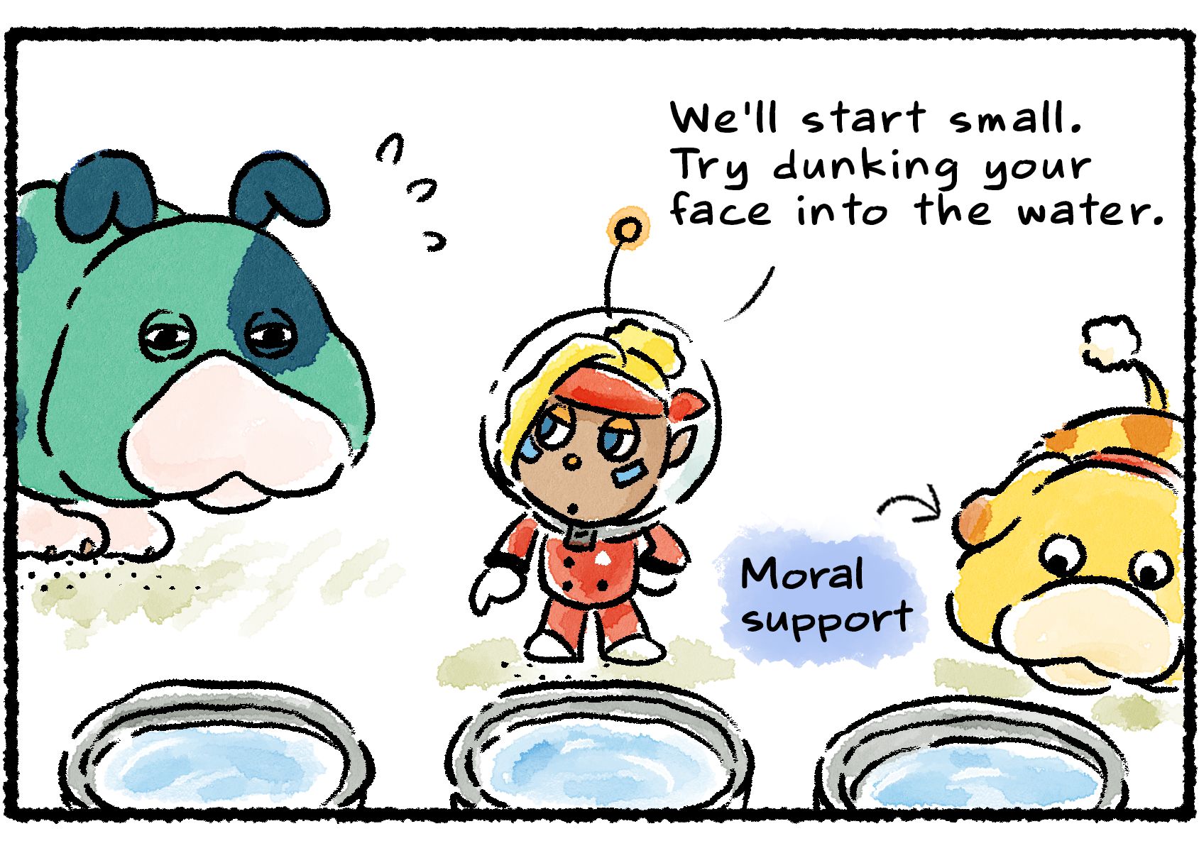 Panel two. Shepherd leads Oatchi and Moss to three bowls of water set out in a row. "We'll start small," she says. "Try dunking your face into the water." Moss squints, hesitant. An arrow points to Oatchi with text that reads, "Moral support".
