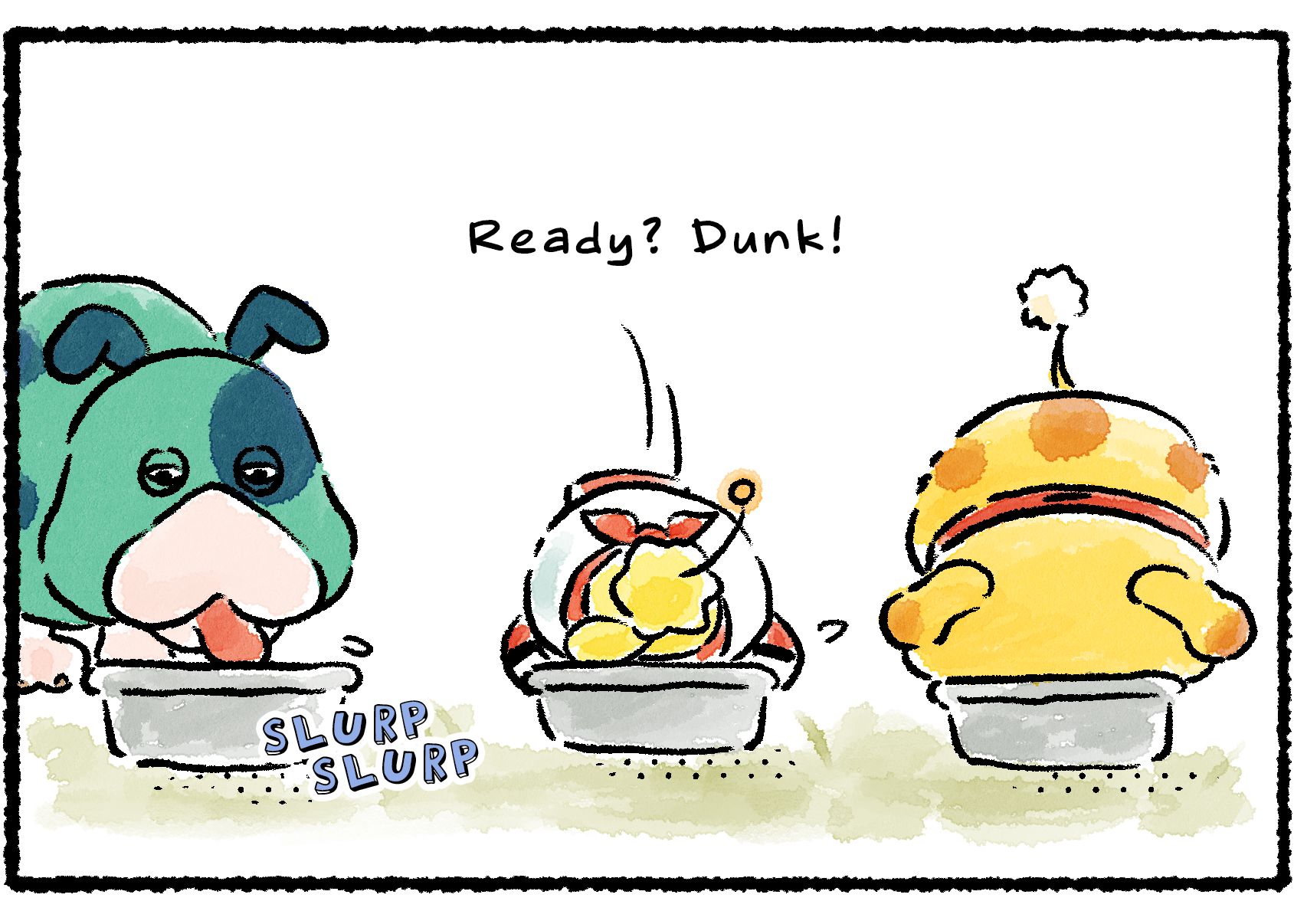 Panel three. "Ready? Dunk!" Shepherd and Oatchi dunk their heads into two of the bowls. Moss blithely slurps water from the third.