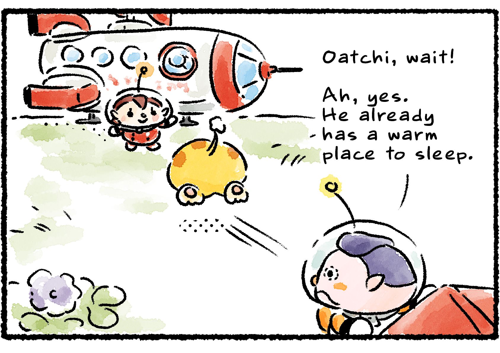 Panel two. Oatchi walks off toward the S.S. Shepherd, where a Rescue Officer is waiting for him. "Oatchi, wait!" Corgwin says, as the doghouse nearly complete. "Ah, yes. He already has a warm place to sleep."