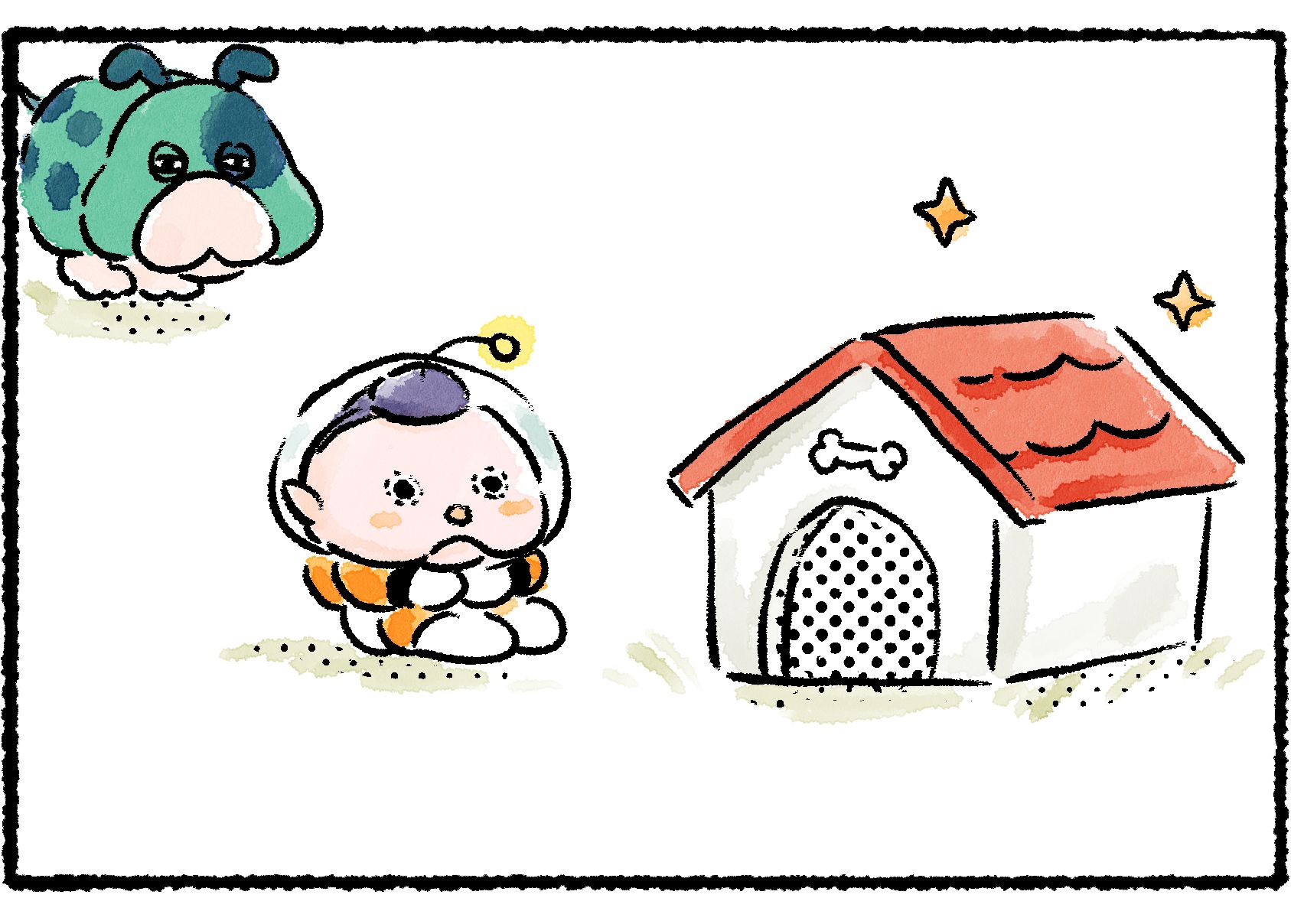 Panel three. Corgwin sits by his completed doghouse, which is pristine but empty. Moss begins to approach from the side.