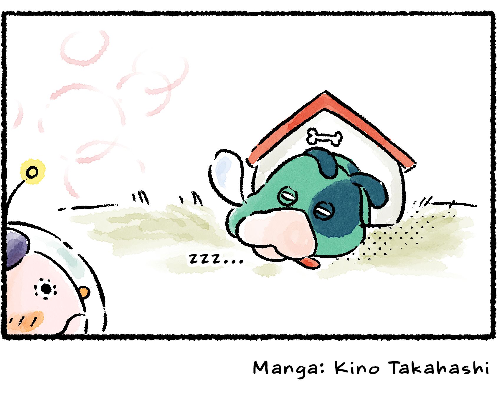 Panel four. Corgwin watches Moss get into the doghouse and fall peacefully asleep.