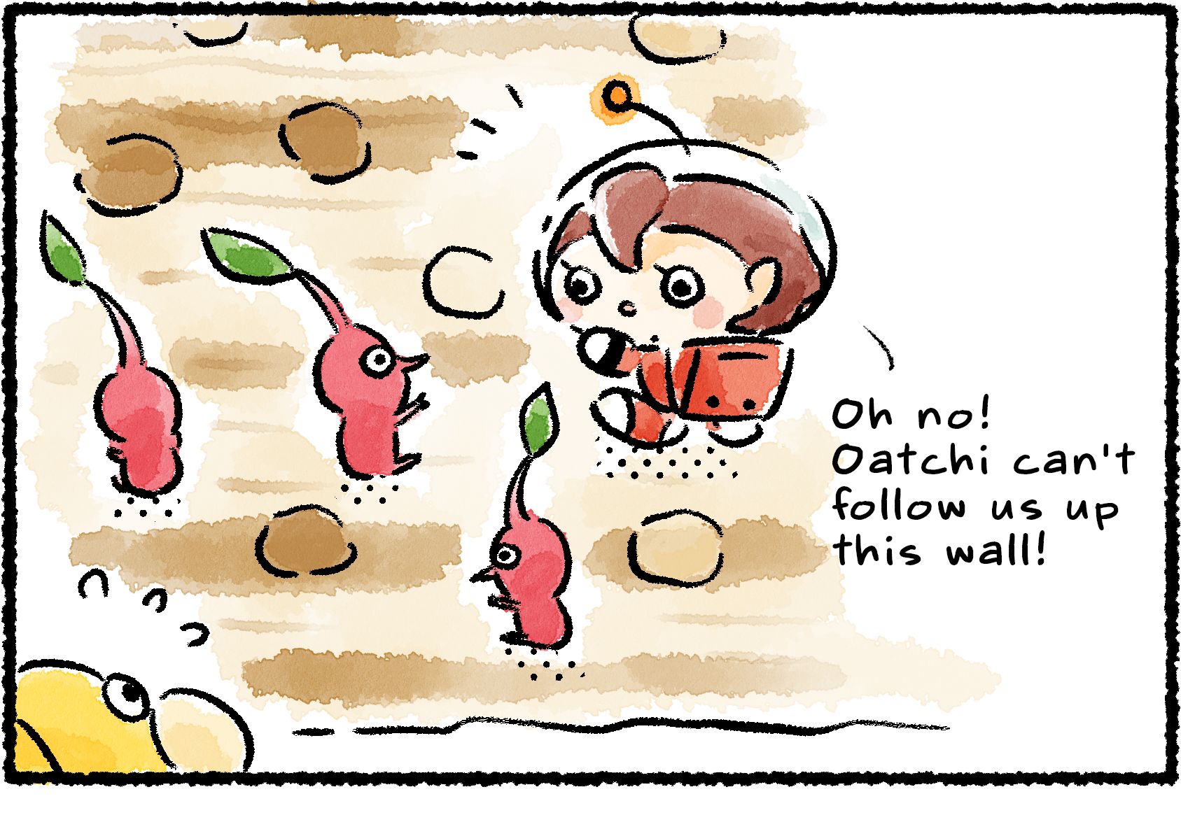 Panel one. A Rescue Officer and three Red Pikmin are climbing a wall, while Oatchi remains behind, looking concerned. "Oh no!" the Rescue Officer says. "Oatchi can't follow us up this wall!"