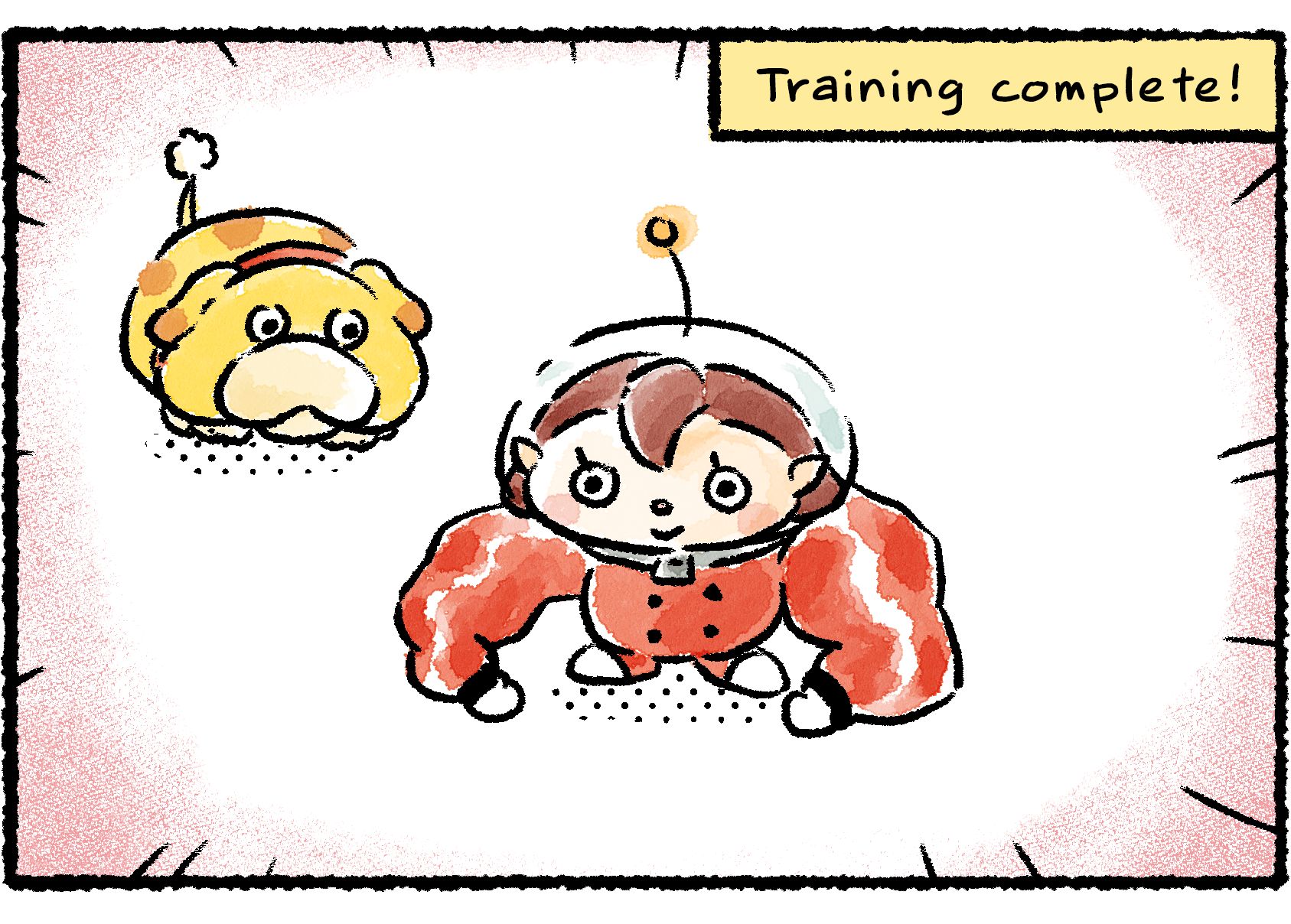 Panel three. The Rescue Officer now has huge muscled arms. Descriptive text reads, "Training complete!" Oatchi looks exactly the same as before.