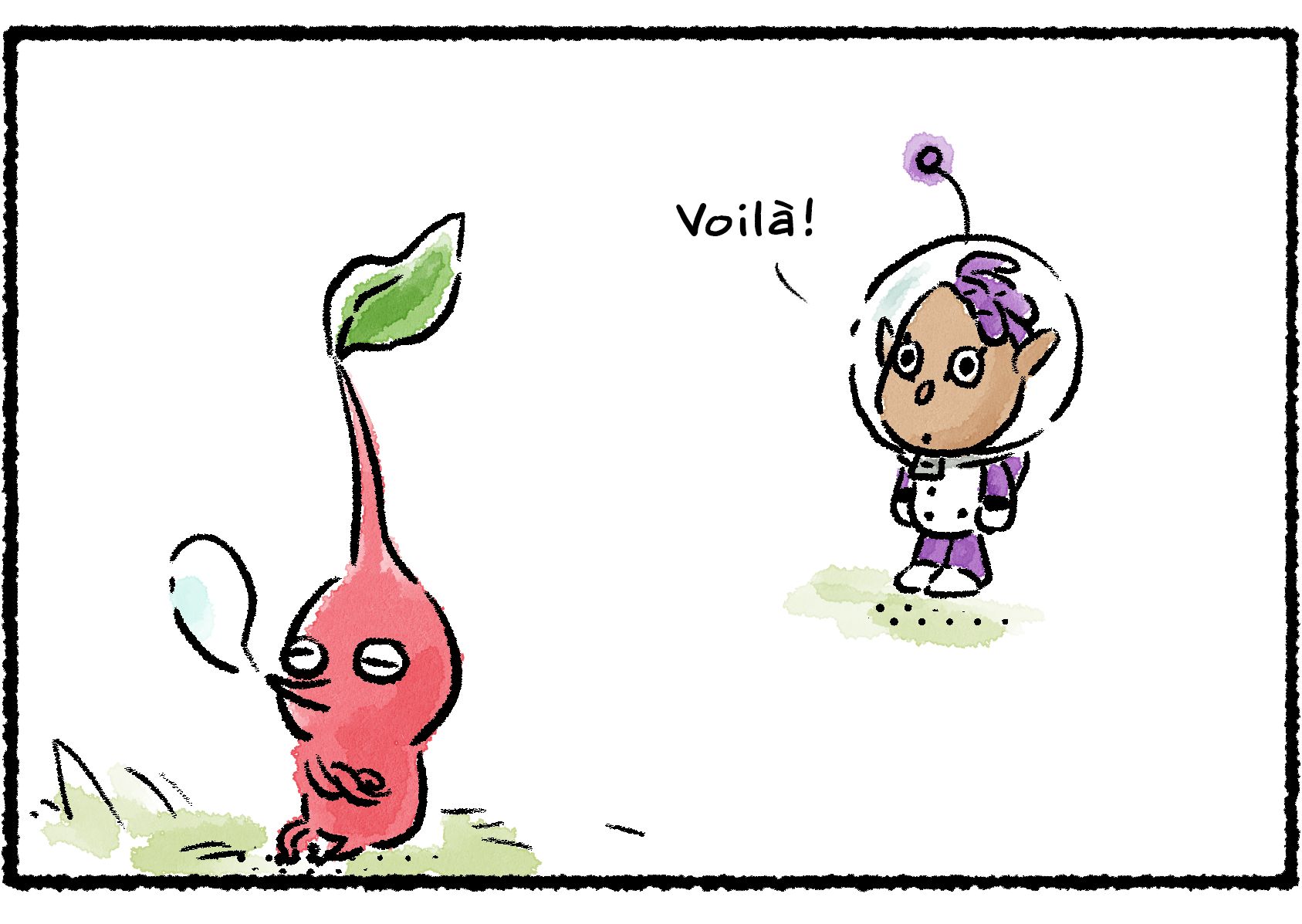 Panel two. Puddle comes upon a Red Pikmin taking a nap. "Voilà!" he says.