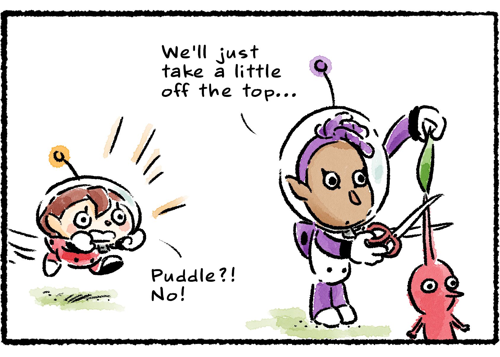 Panel three. Puddle takes hold of the Red Pikmin's leaf, stretches out the stem, and prepares to cut it with a pair of scissors. "We'll just take a little off the top..." A Rescue Officer rushes to interrupt: "Puddle?! No!"
