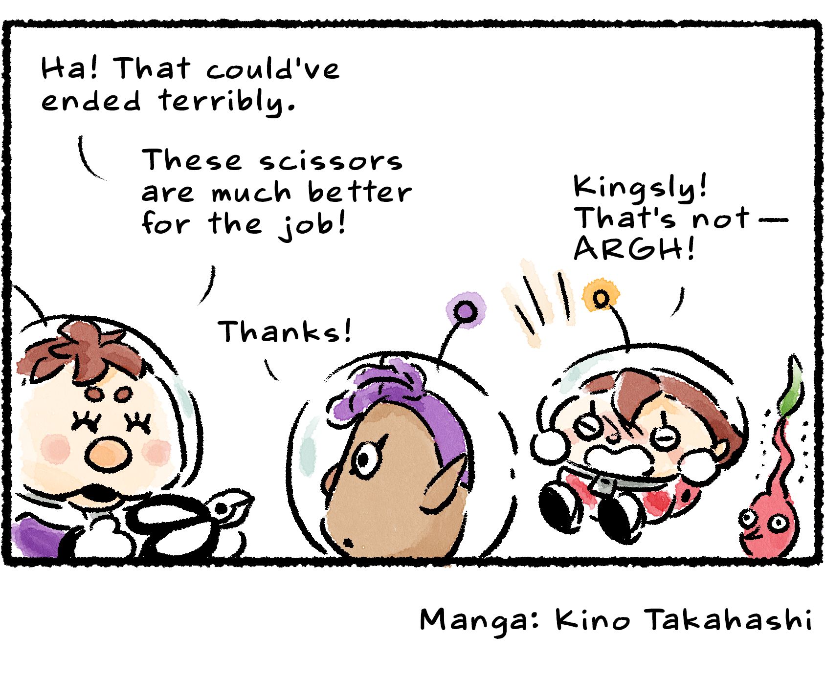 Panel four. Kingsly approaches Puddle with his own pair of scissors. "Ha! That could've ended terribly," Kingsly says. "These scissors are much better for the job!" The Rescue Officer recoils in horror: "Kingsly! That's not—ARGH!"