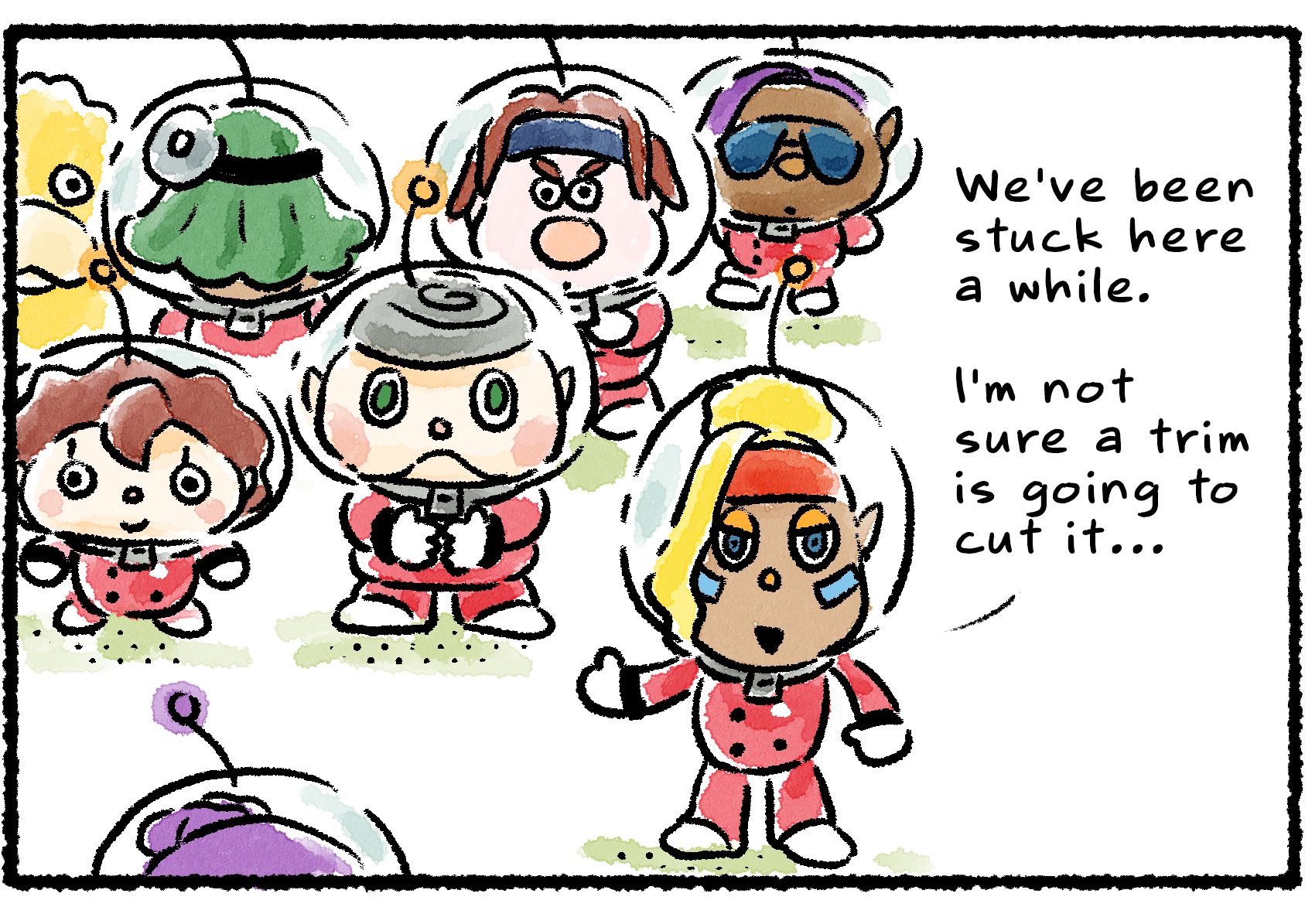 Panel two. "We've been stuck here a while," Shepherd says, standing in front of a group. "I'm not sure a trim is going to cut it..." Among the group are a Rescue Officer and Oatchi, whose hair is getting pretty long.