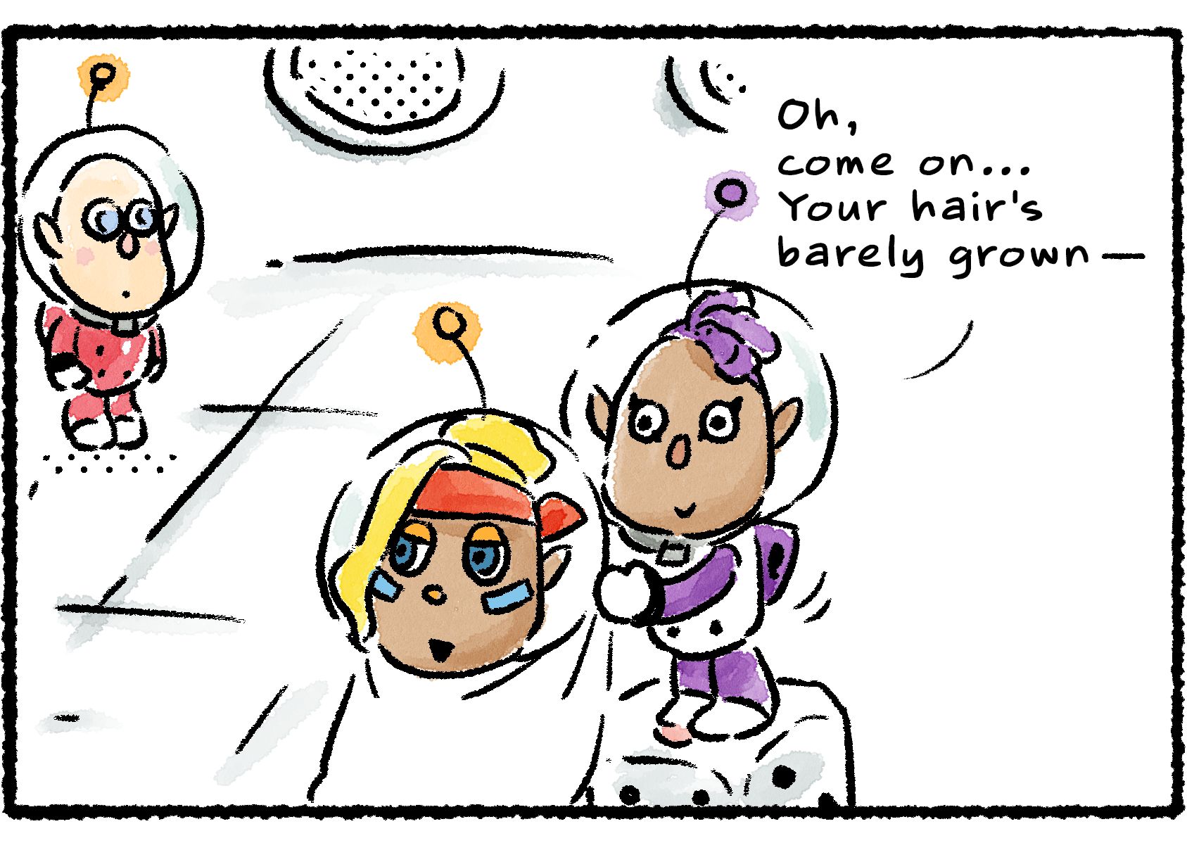 Panel three. Puddle has Shepherd in a salon chair and is fastening a cape around her neck. Shepherd's hair looks like it always does underneath her helmet. "Oh, come on," Puddle says. "Your hair's barely grown—"