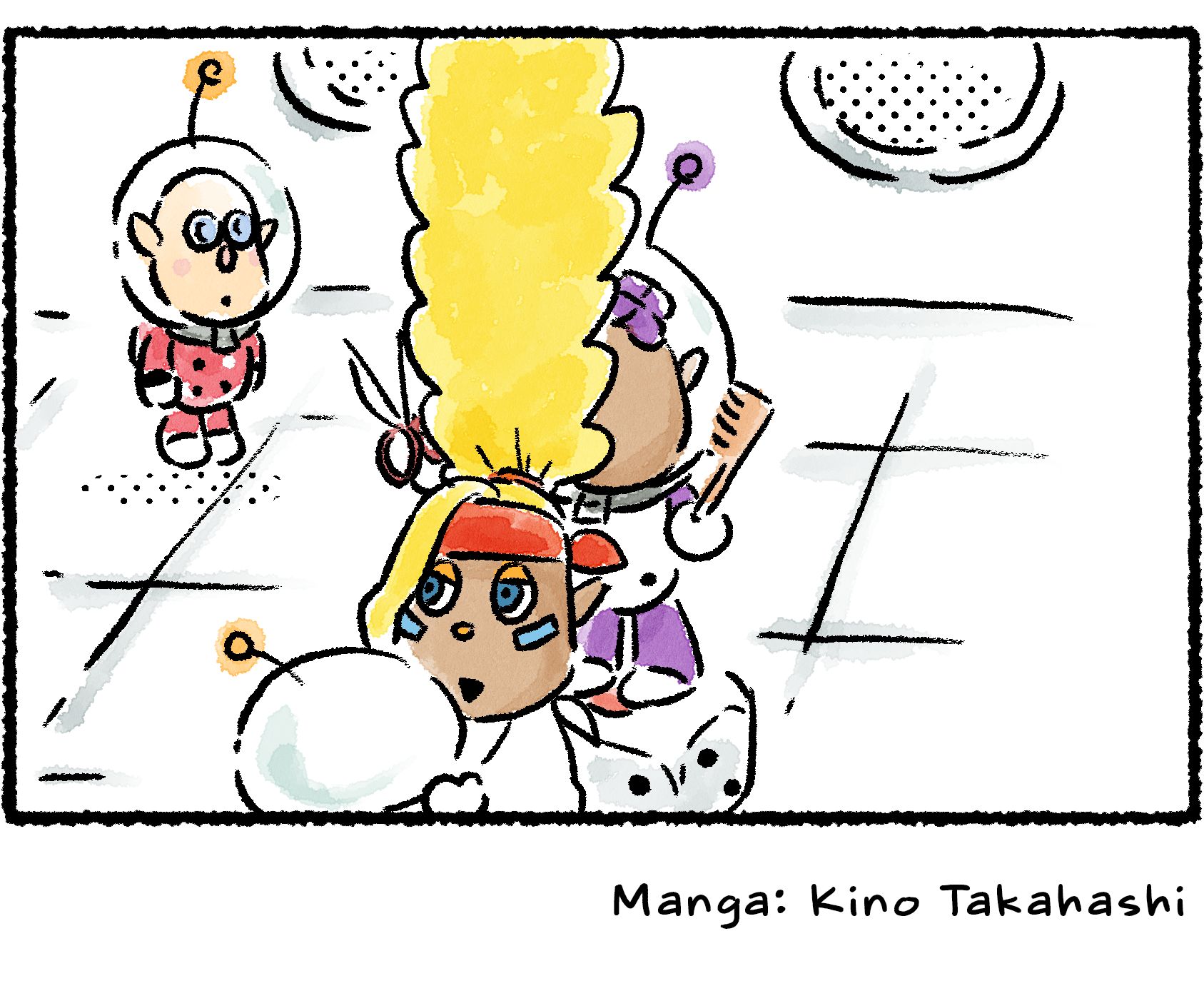 Panel four. As soon as Shepherd's helmet is removed, her hair springs up in a huge column that is taller than the top of the panel.