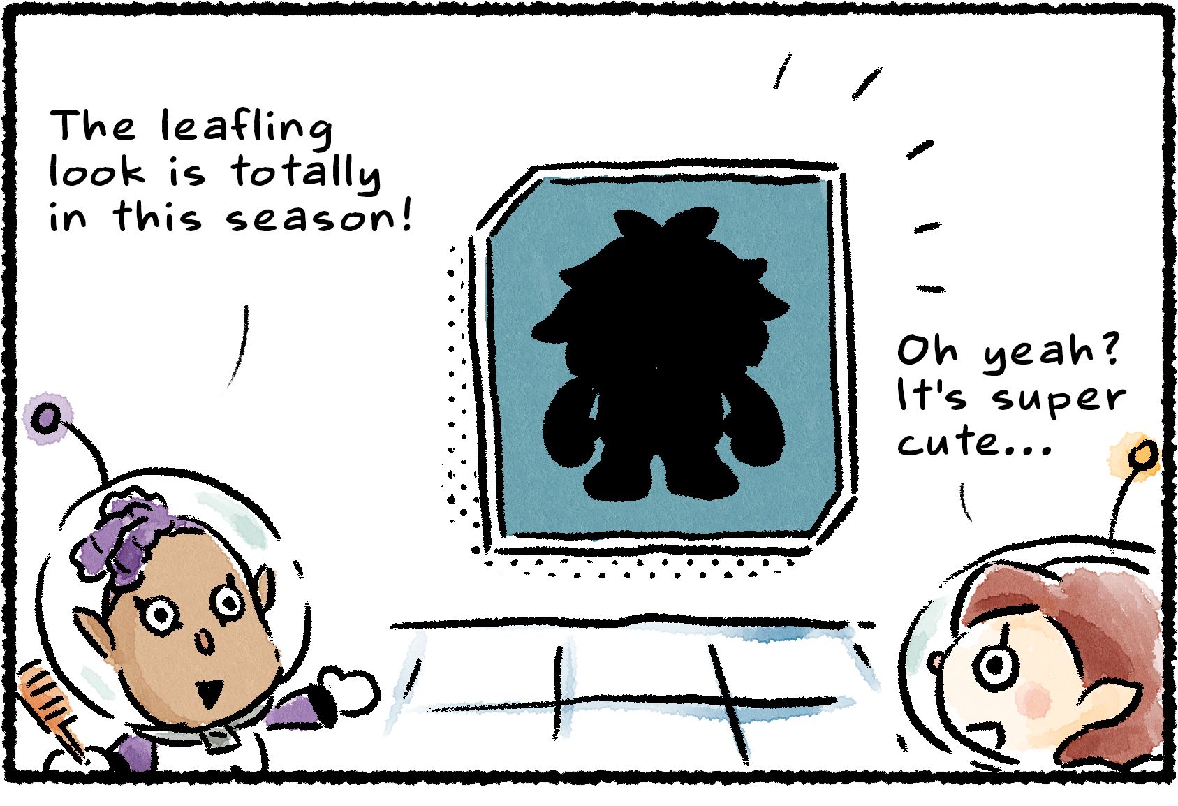 Panel one. Puddle is showing a diagram featuring a Leafling to a Rescue Officer. "The leafling look is totally in this season!" Puddle says. "Oh yeah?" the Rescue Officer replies. "It's super cute..."