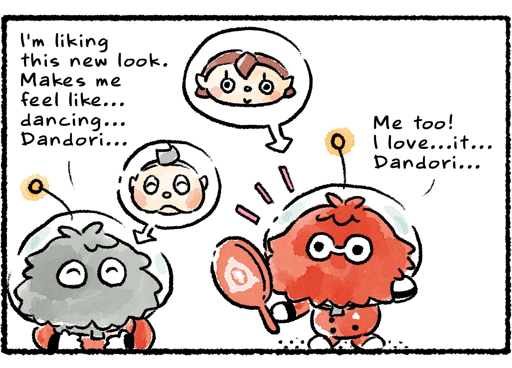 Panel two. Collin and the Rescue Officer are leaflings. "I'm liking this new look," Collin says. "Makes me feel like...dancing...Dandori..." The Rescue Officer, looking at herself in a hand mirror, replies, "Me too! I love...it... Dandori..."