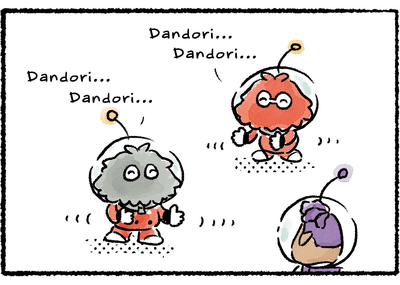 Panel three. Puddle looks on as the leafling Collin and Rescue Officer are dancing and saying "Dandori..." over and over. 