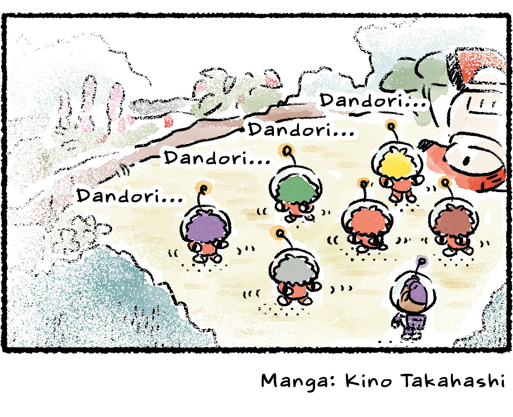 Panel four. Puddle looks on as a whole crowd of leaflings, gathered around the S.S. Shepherd, dance and say "Dandori..."