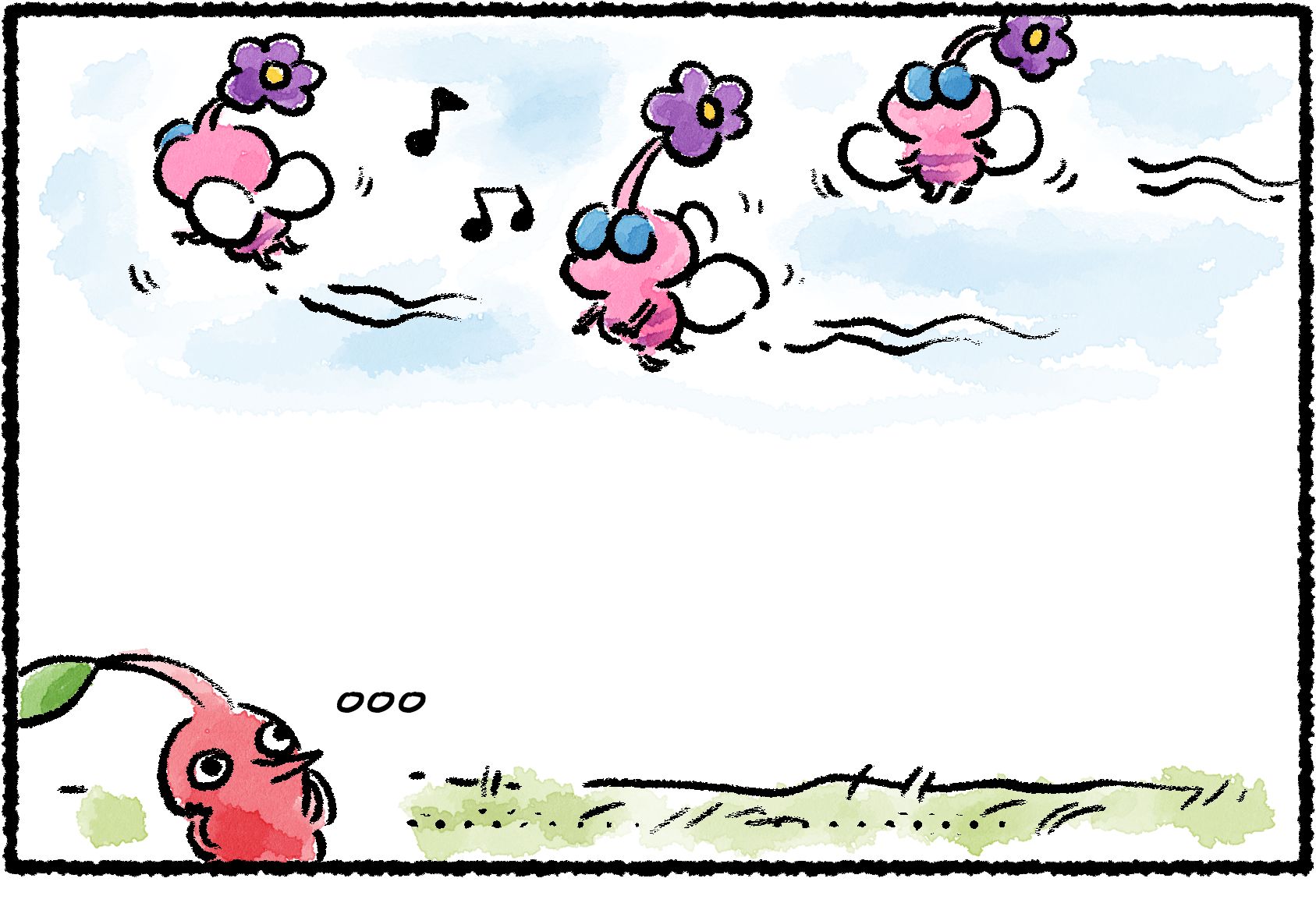 Panel one. A Red Pikmin admires three Winged Pikmin flying in the air above it: "ooo". The Winged Pikmin are singing.