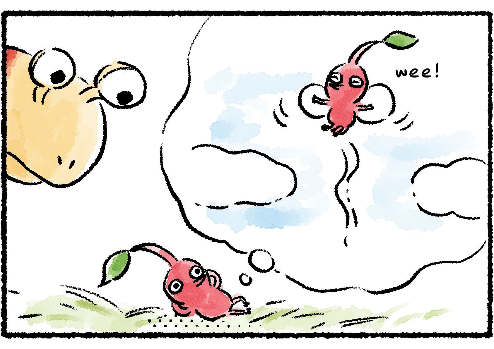 Panel two. The Red Pikmin is lying down, daydreaming about having wings and soaring through the air: "wee!" Meanwhile, a Bulborb looms ominously behind it.