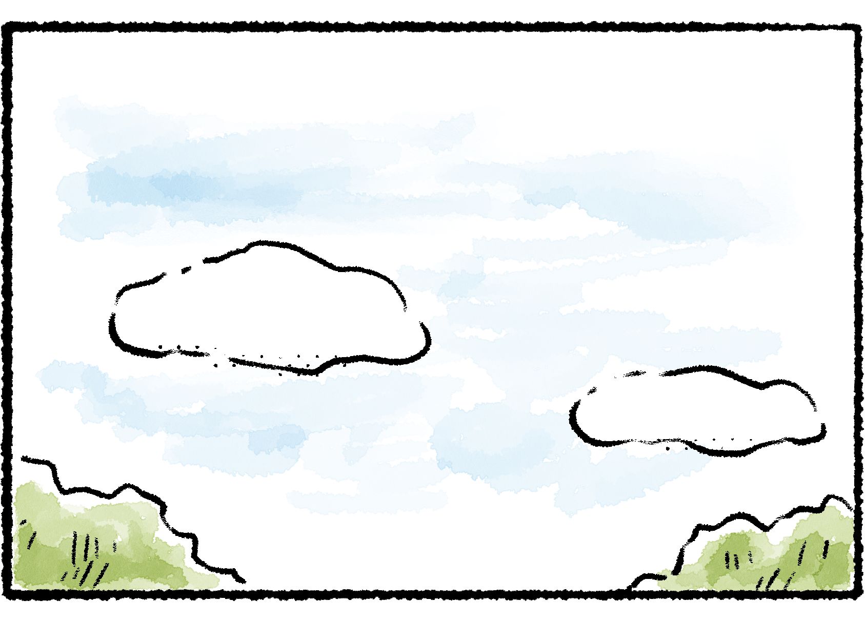 Panel three. The landscape from the previous panel is now empty, save for the clouds in the sky.