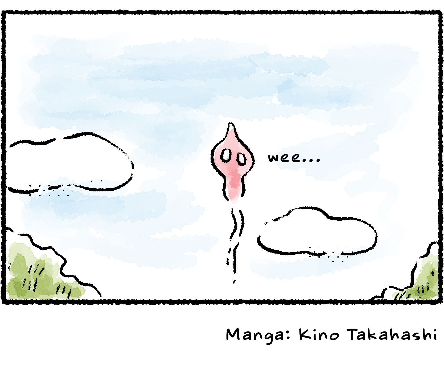 Panel four. The ghost of a Red Pikmin floats up into the sky among the clouds.