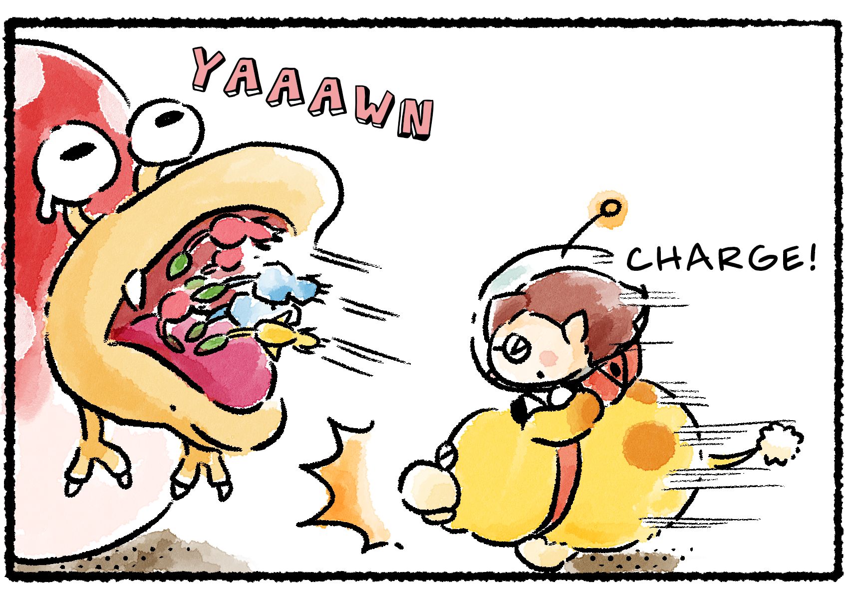 Panel three. The Rescue Officer, riding on Oatchi, shouts "CHARGE!" and rushes directly at the mouth of a sleeping Empress Bulblax. The Empress Bulblax yawns and sucks up all the Pikmin.